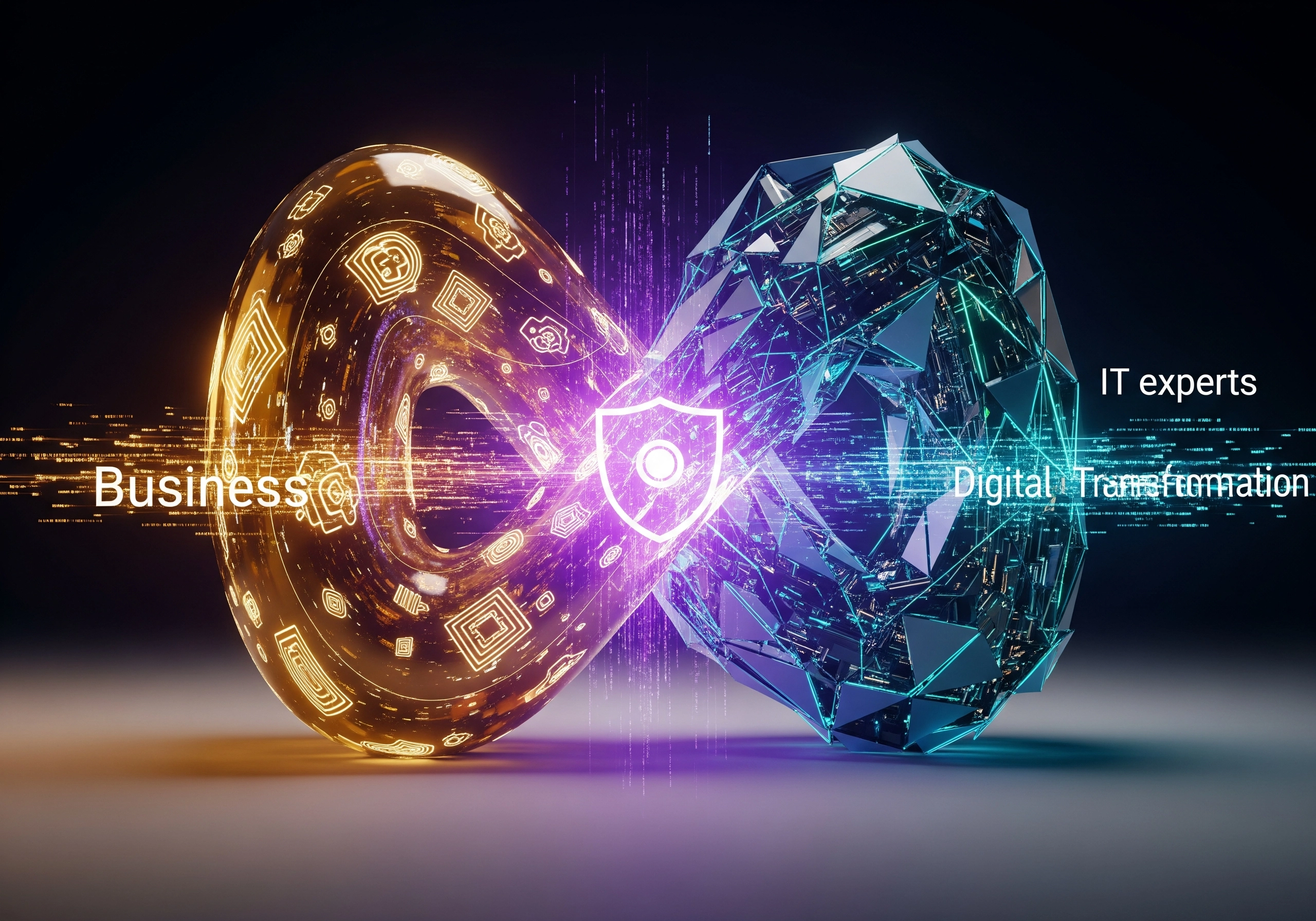 Abstract infinity symbol: one side labeled 'Business,' the other 'Digital Transformation,' with a central IT security shield.