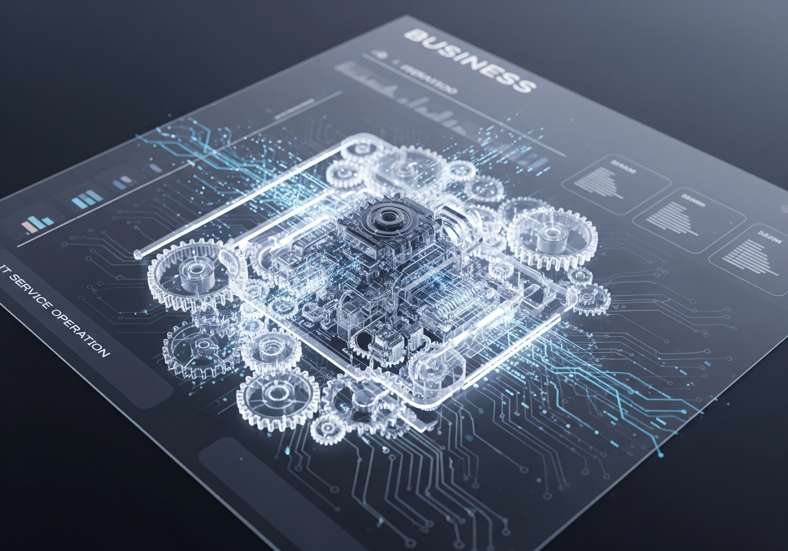 Complex IT service operation design with gears and circuit board elements