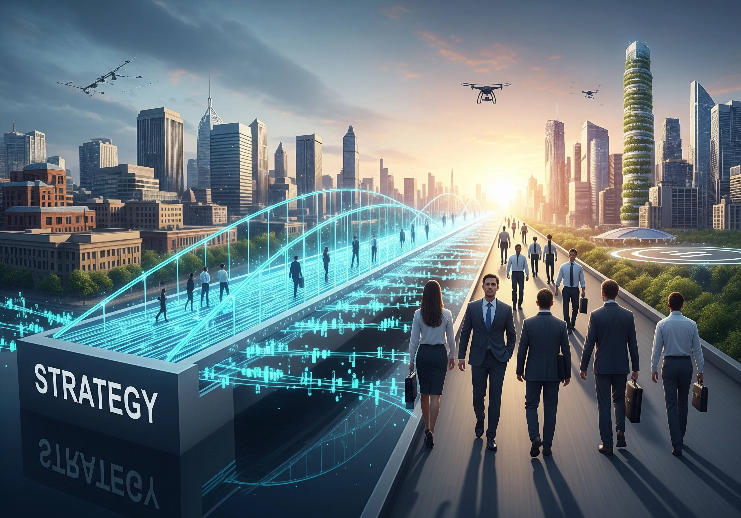 Business people walking toward a futuristic city skyline, representing IT strategy.