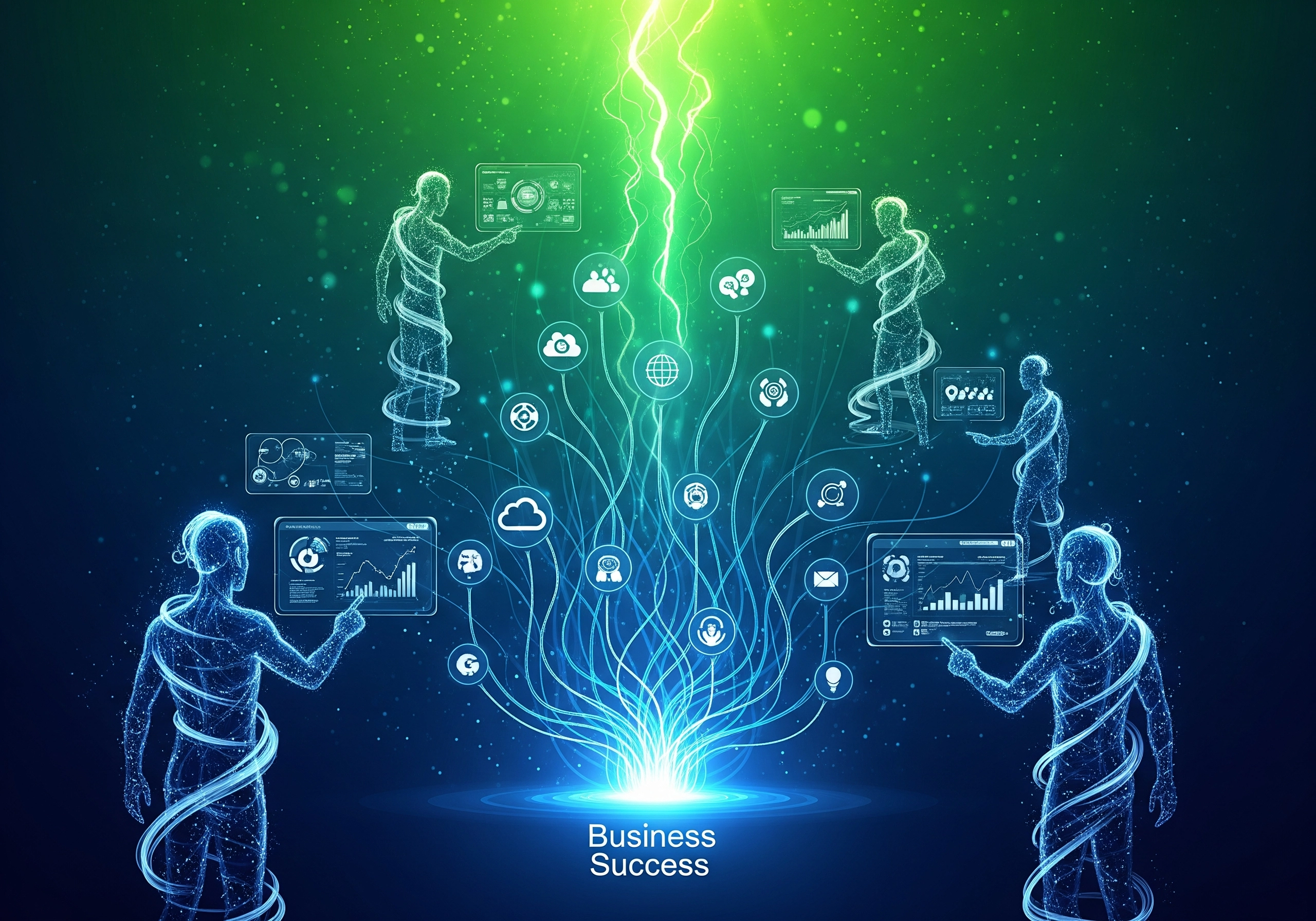 Abstract figures managing IT services, connected by digital streams, 'Business Success'.