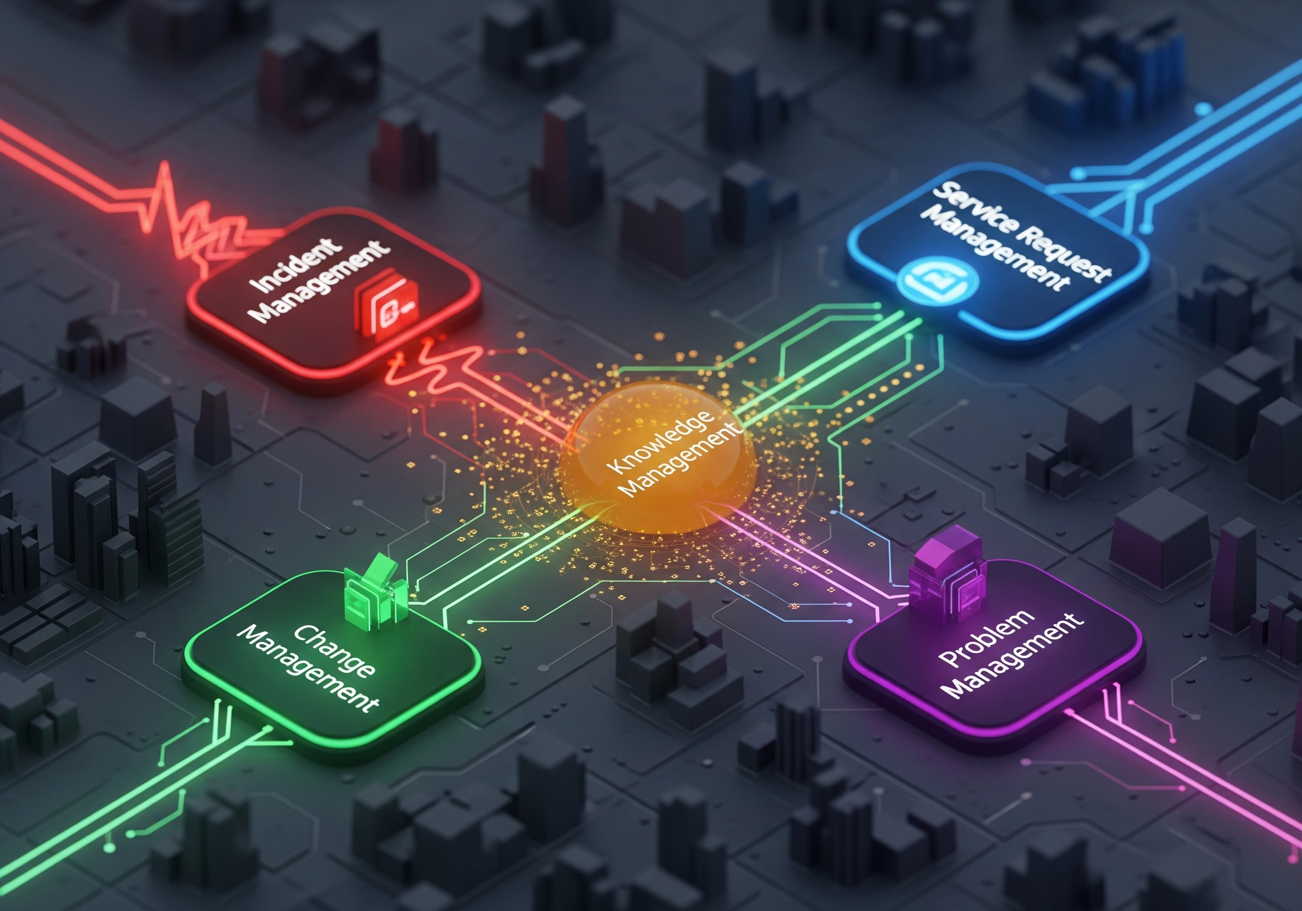 IT service management flow chart: incident, request, change, and problem management.