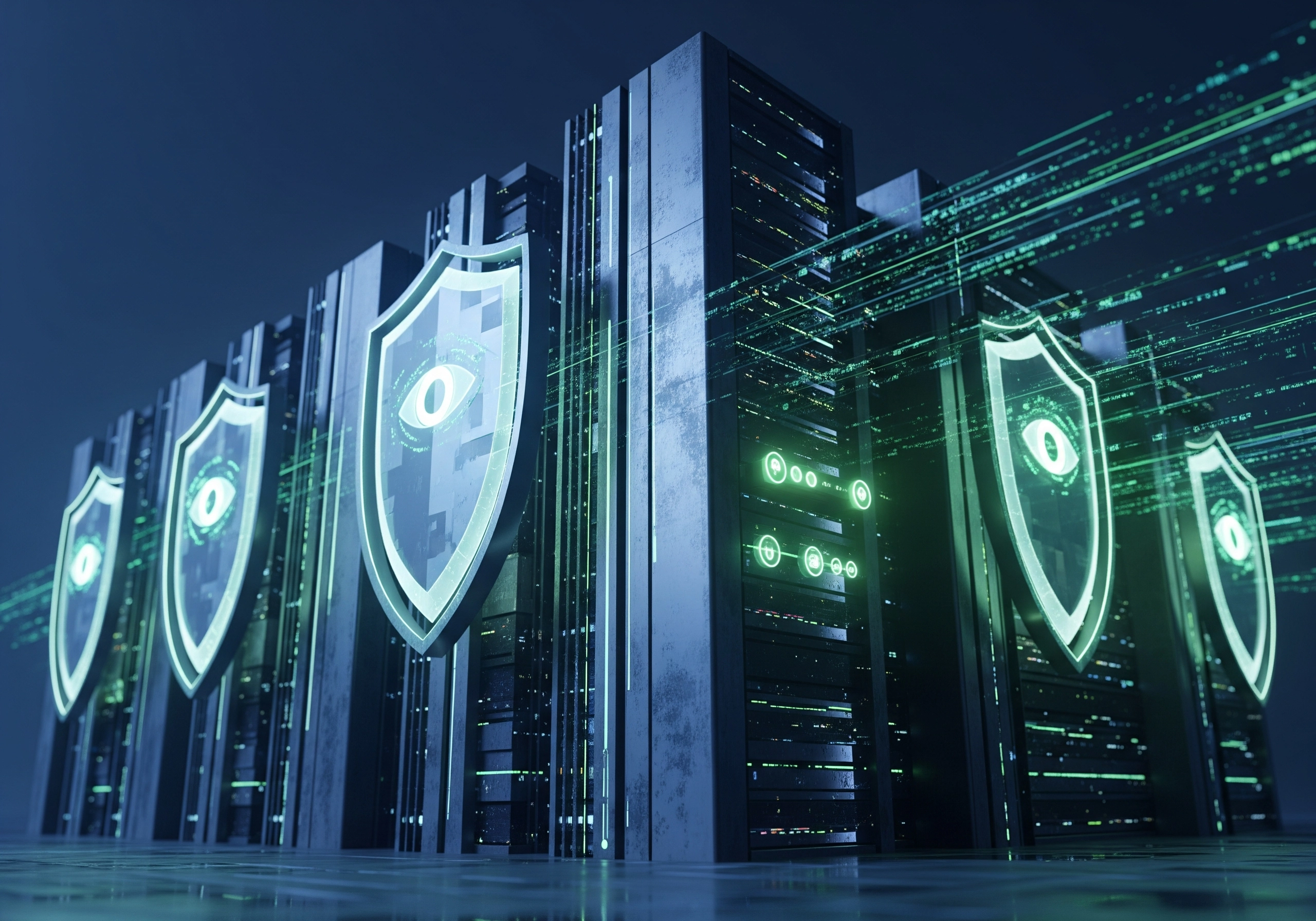 Servers with shield icons representing IT infrastructure and security