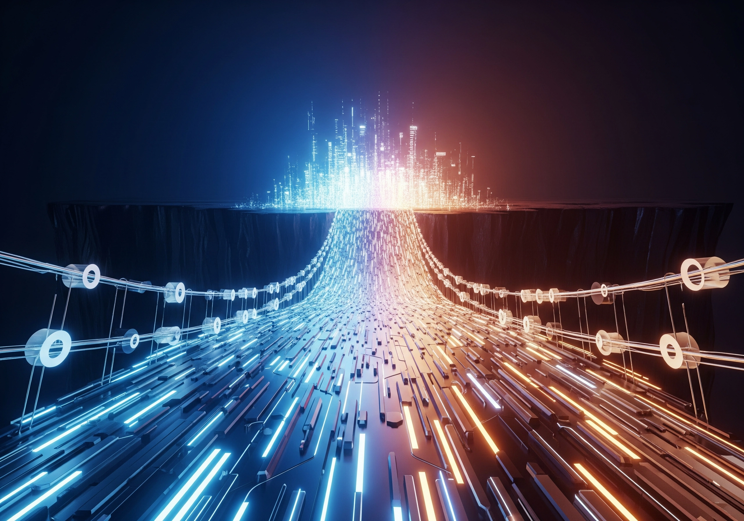 Abstract IT solutions design: data flow with blue and orange light