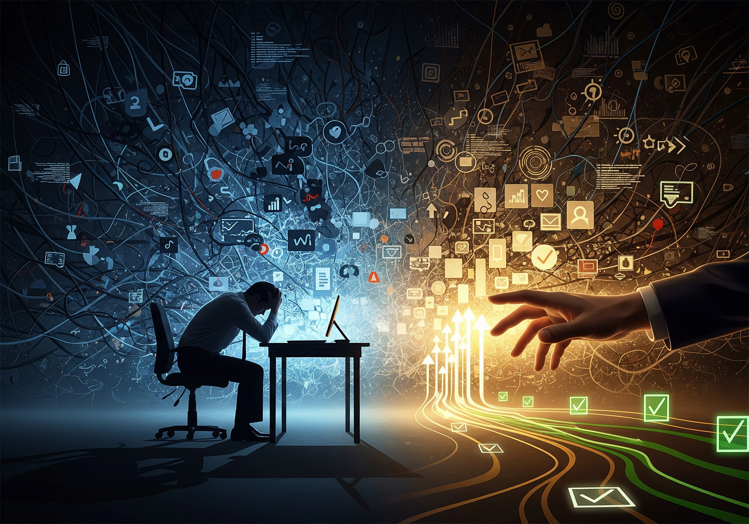 Frustrated man at desk contrasted with a hand reaching toward digital marketing growth.