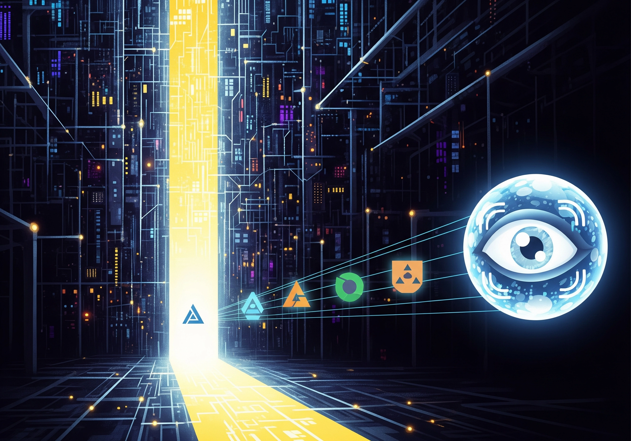 Abstract tech illustration with circuit board designs and digital eye symbol.