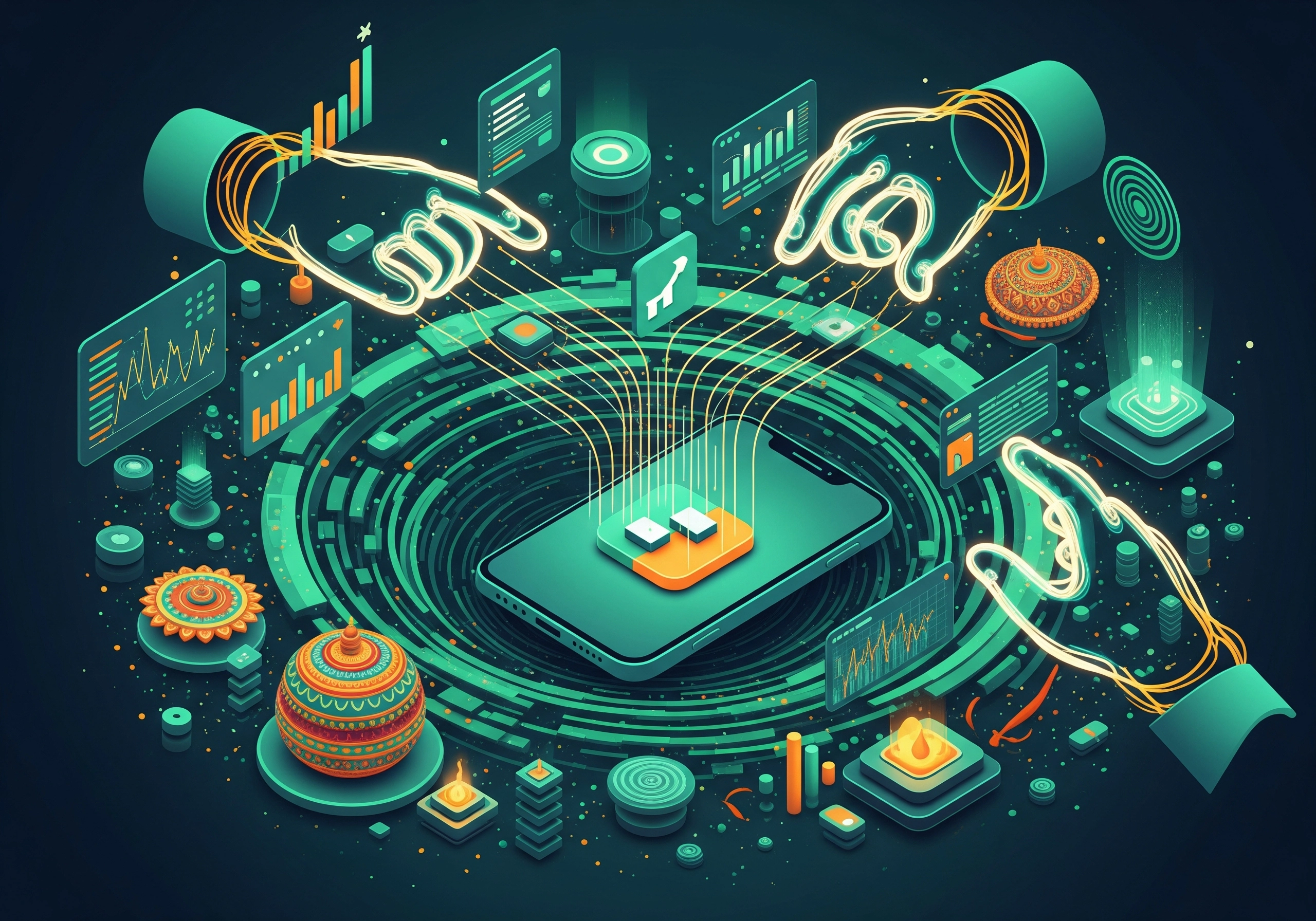 Abstract mobile phone with data streams, representing mobile app growth strategies India.