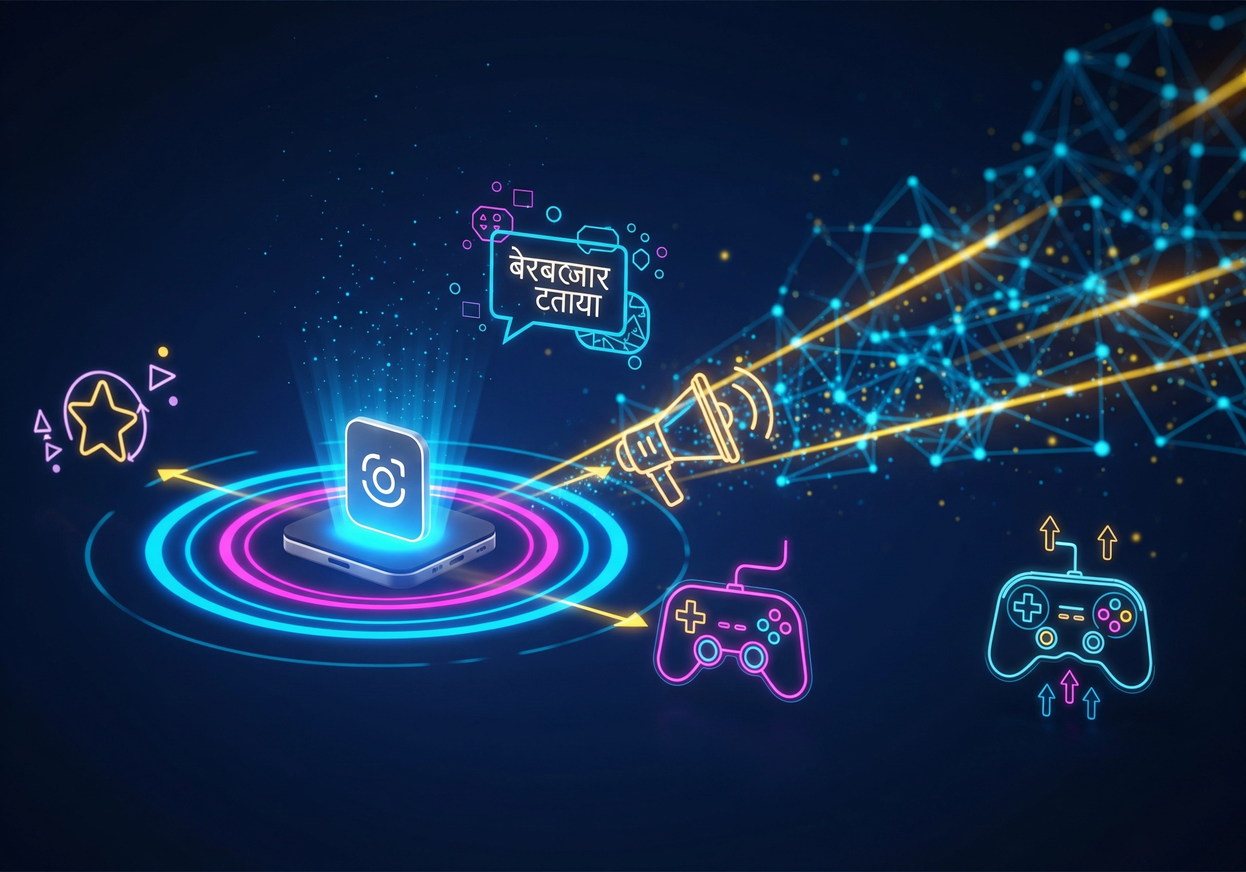 Neon mobile game marketing icons: phone, controller, megaphone, star, connected network.