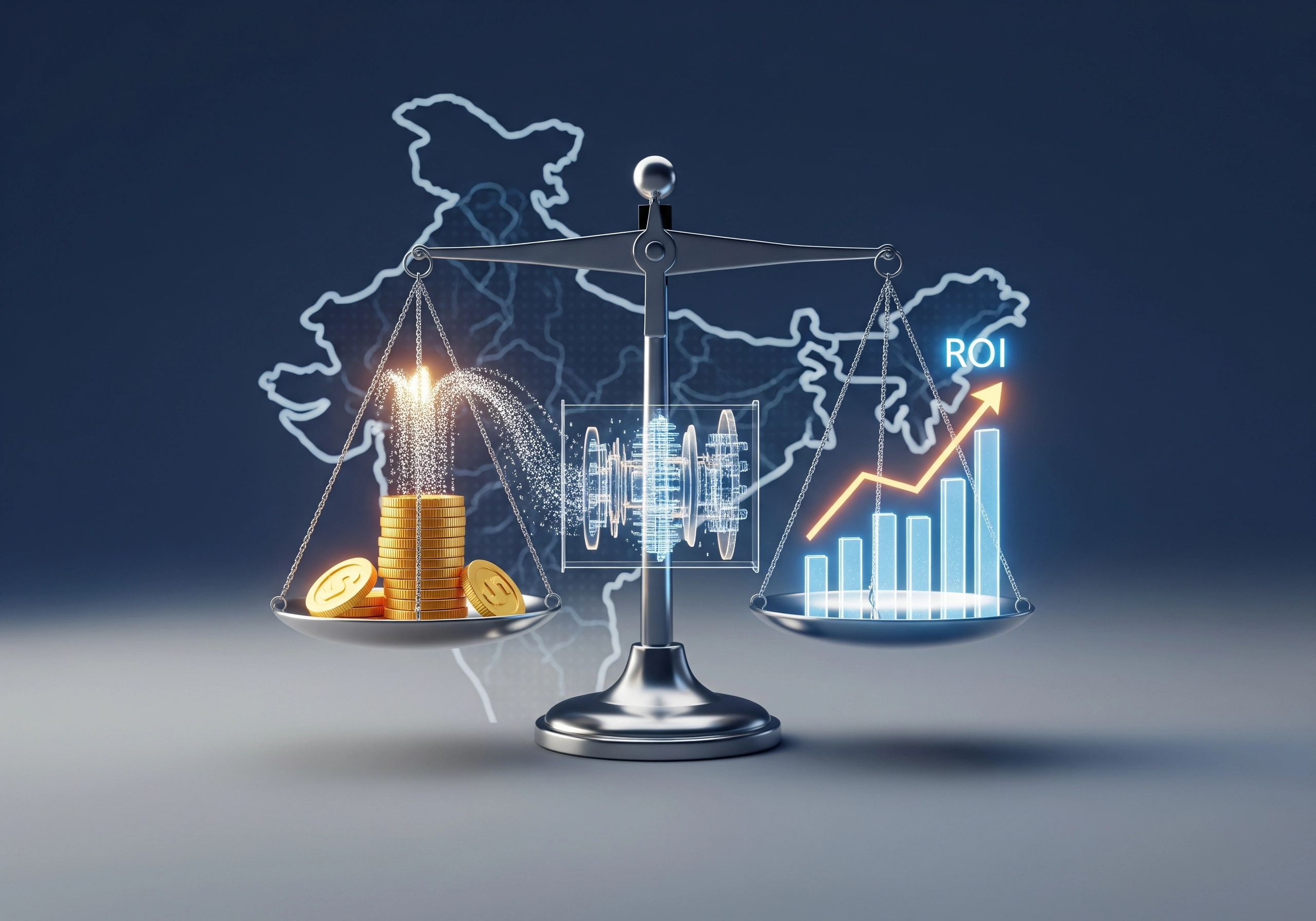ROI graph outweighs gold coins on scales with India map backdrop, showcasing app growth strategies.
