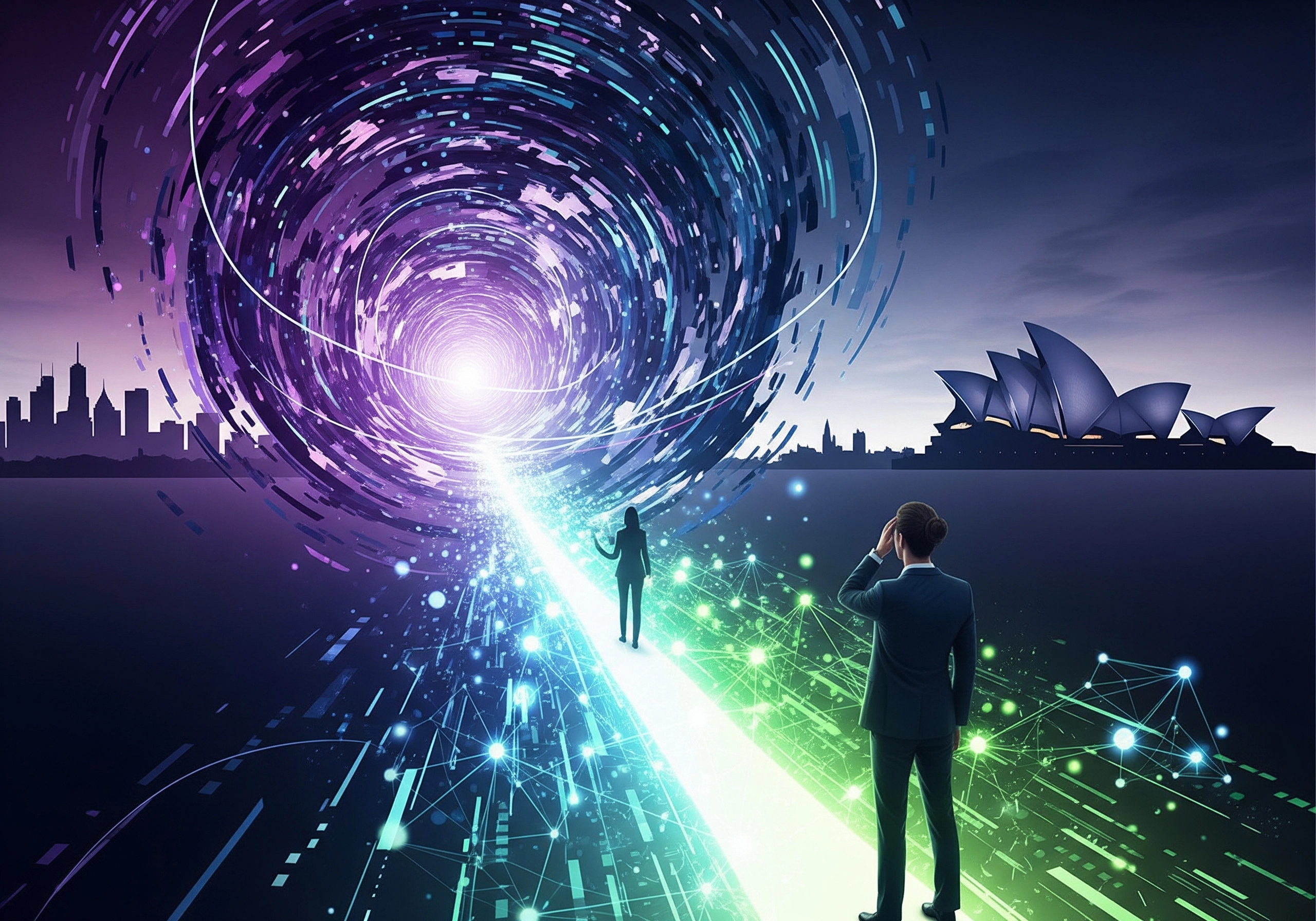 Business people facing a swirling vortex with Sydney skyline, choosing a digital partner.