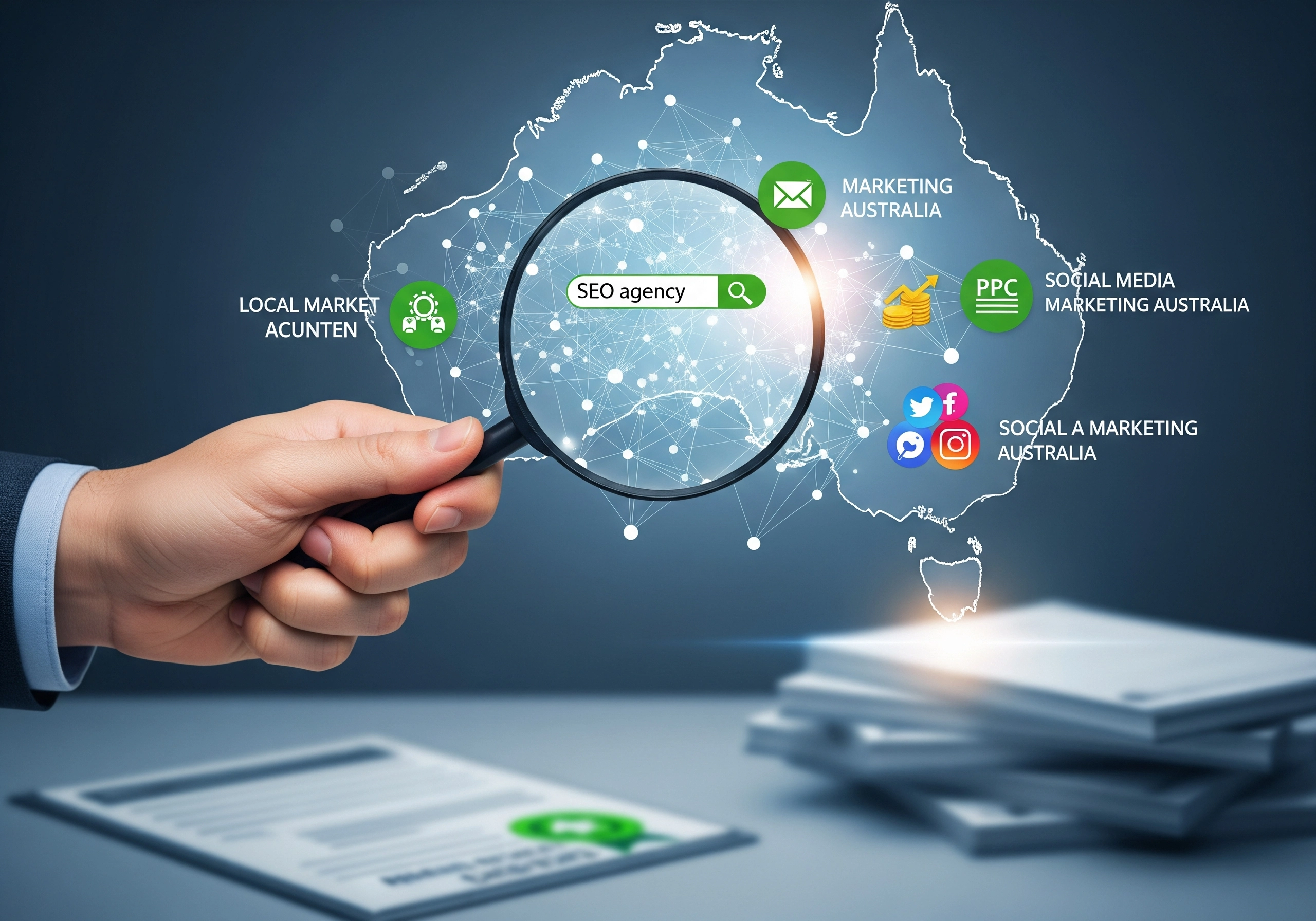 Magnifying glass over Australia map, highlighting SEO agency Australia services.