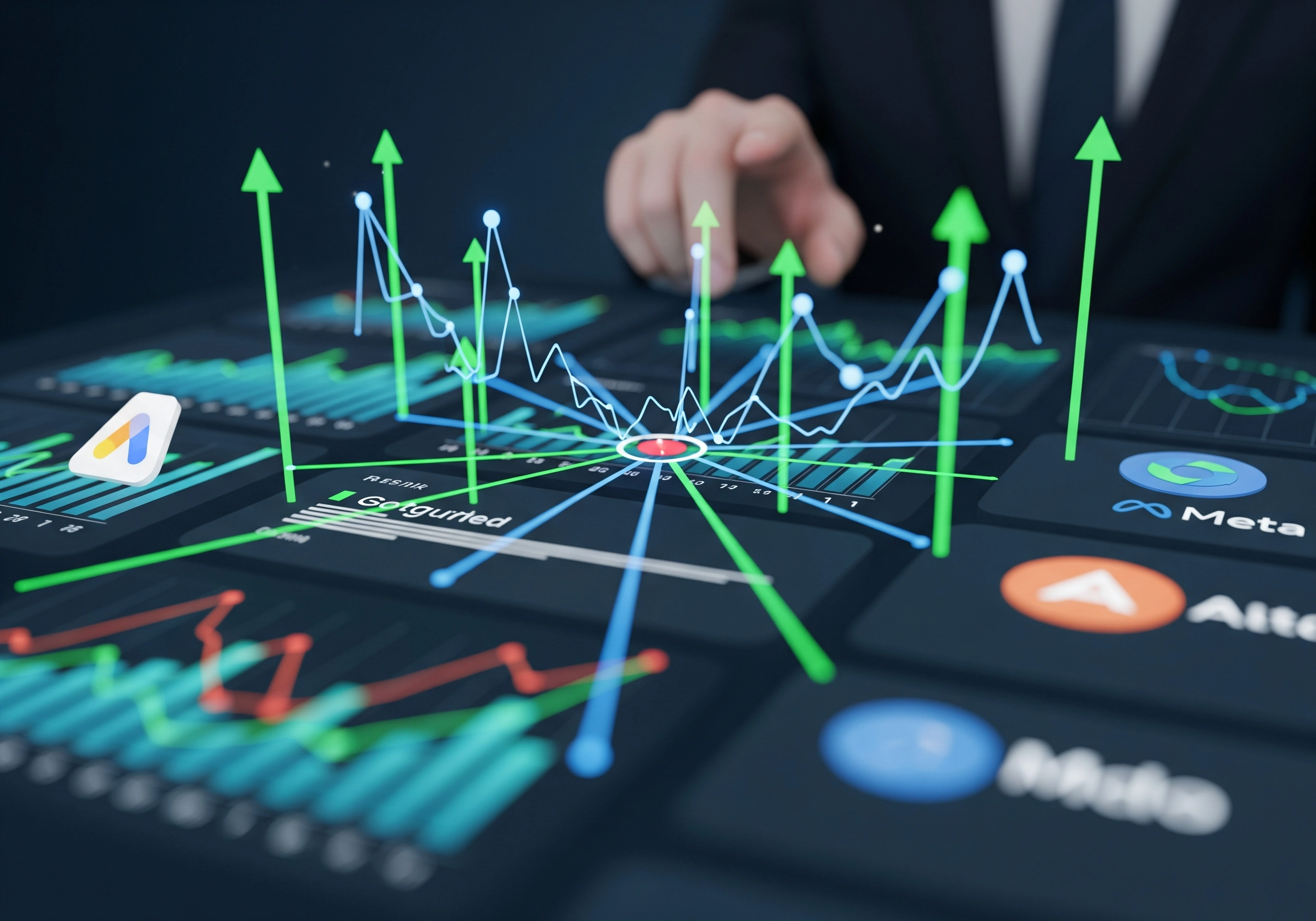 Digital marketing dashboard with Google Ads, Meta icons and rising graph lines.