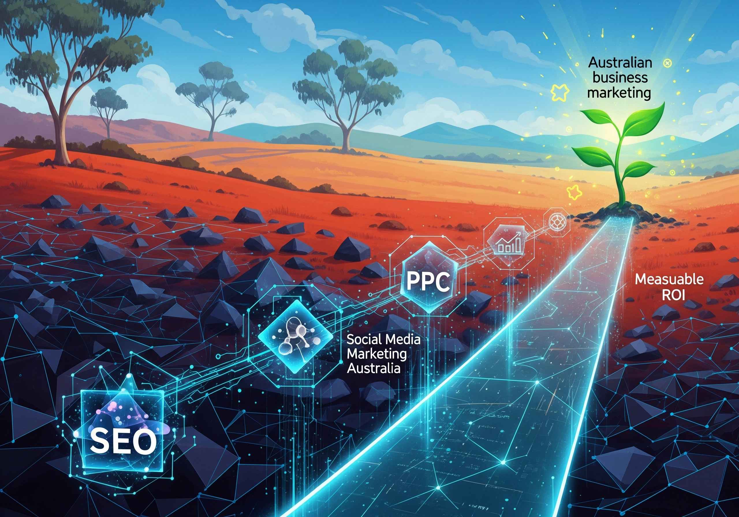Australian business marketing landscape with SEO, PPC, and social media marketing Australia.