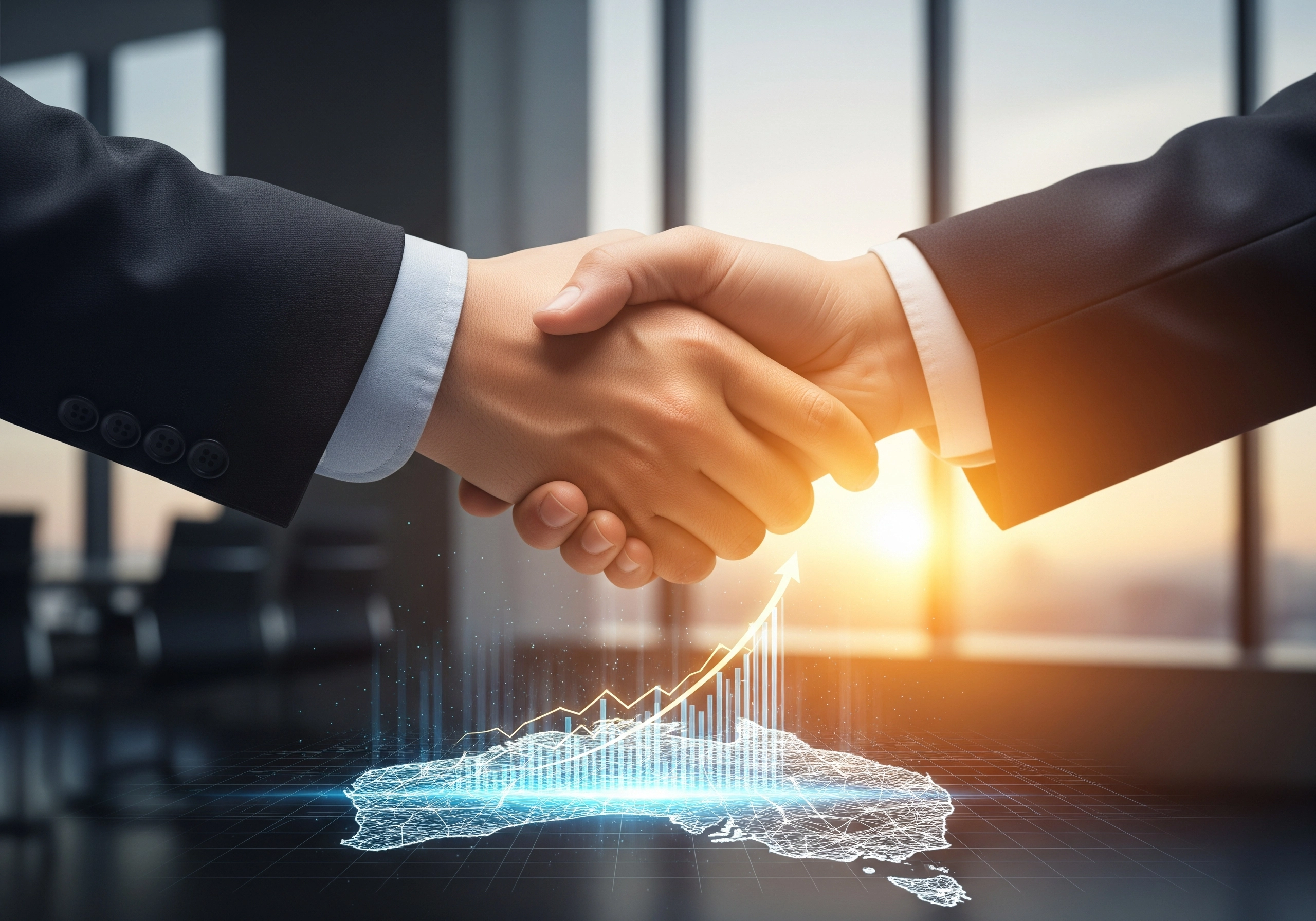 Handshake over Australia map showing growth, symbolizing a digital marketing partnership.