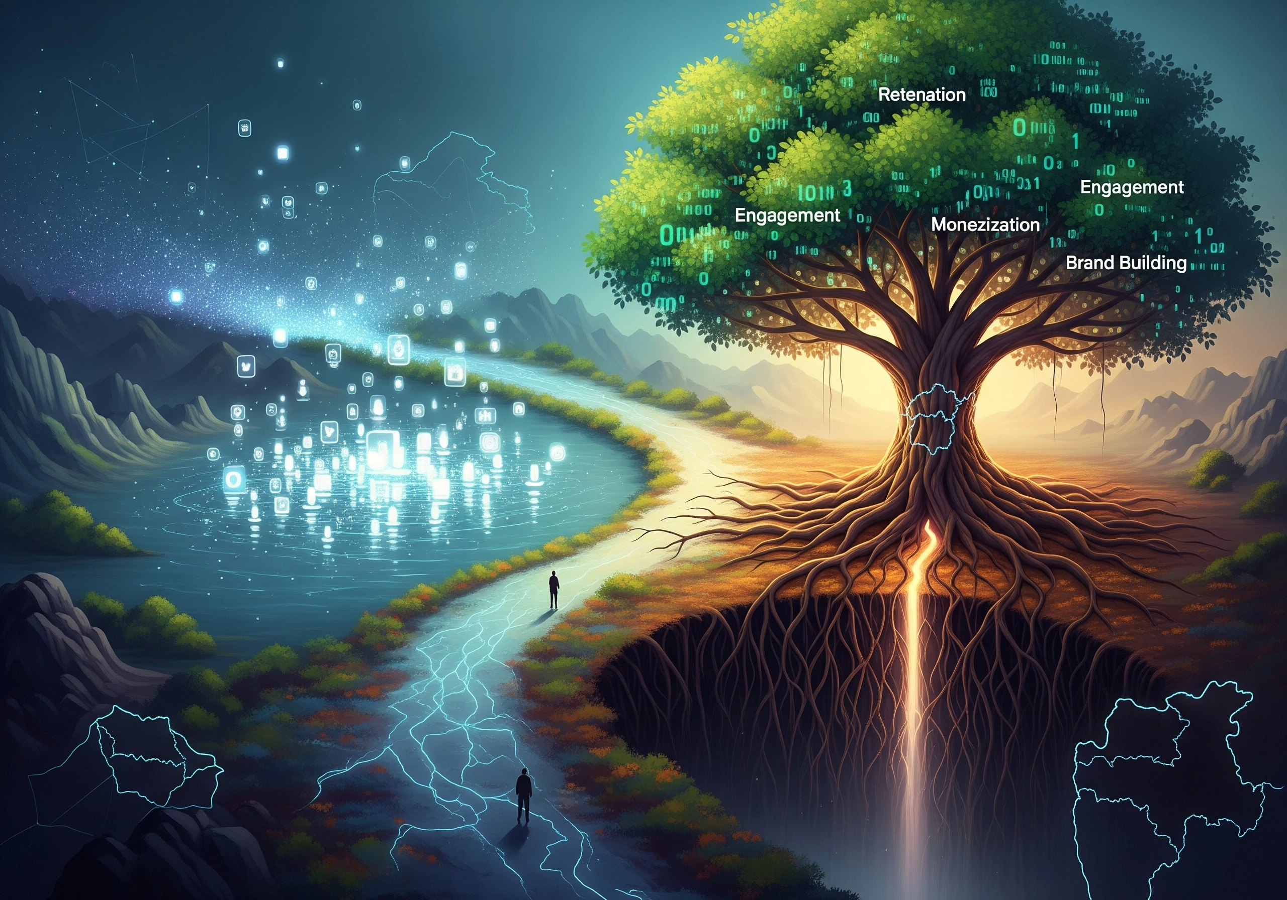 Tree representing mobile app monetization, engagement, and brand building.