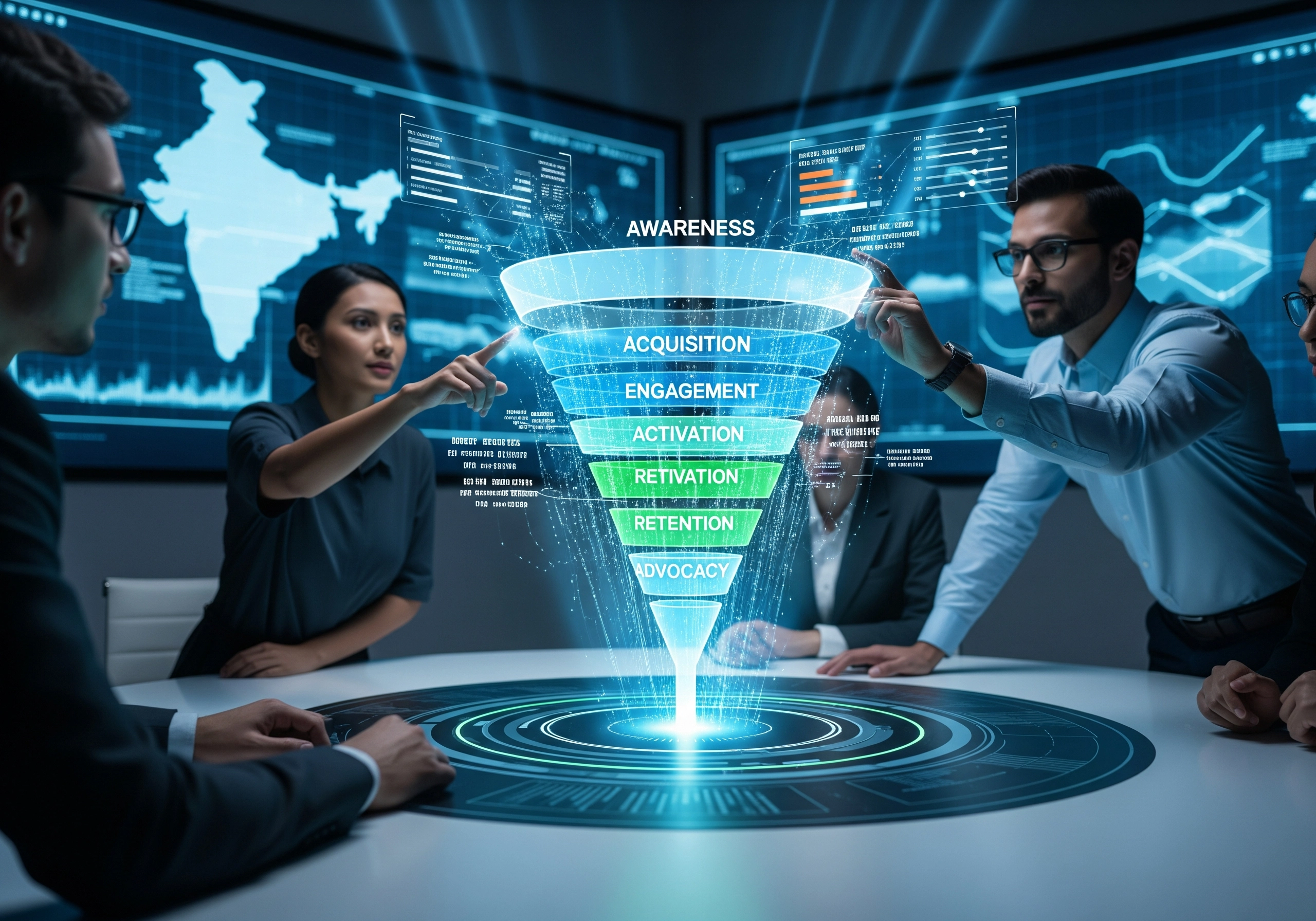 Team reviewing mobile app marketing funnel: awareness, acquisition, engagement.