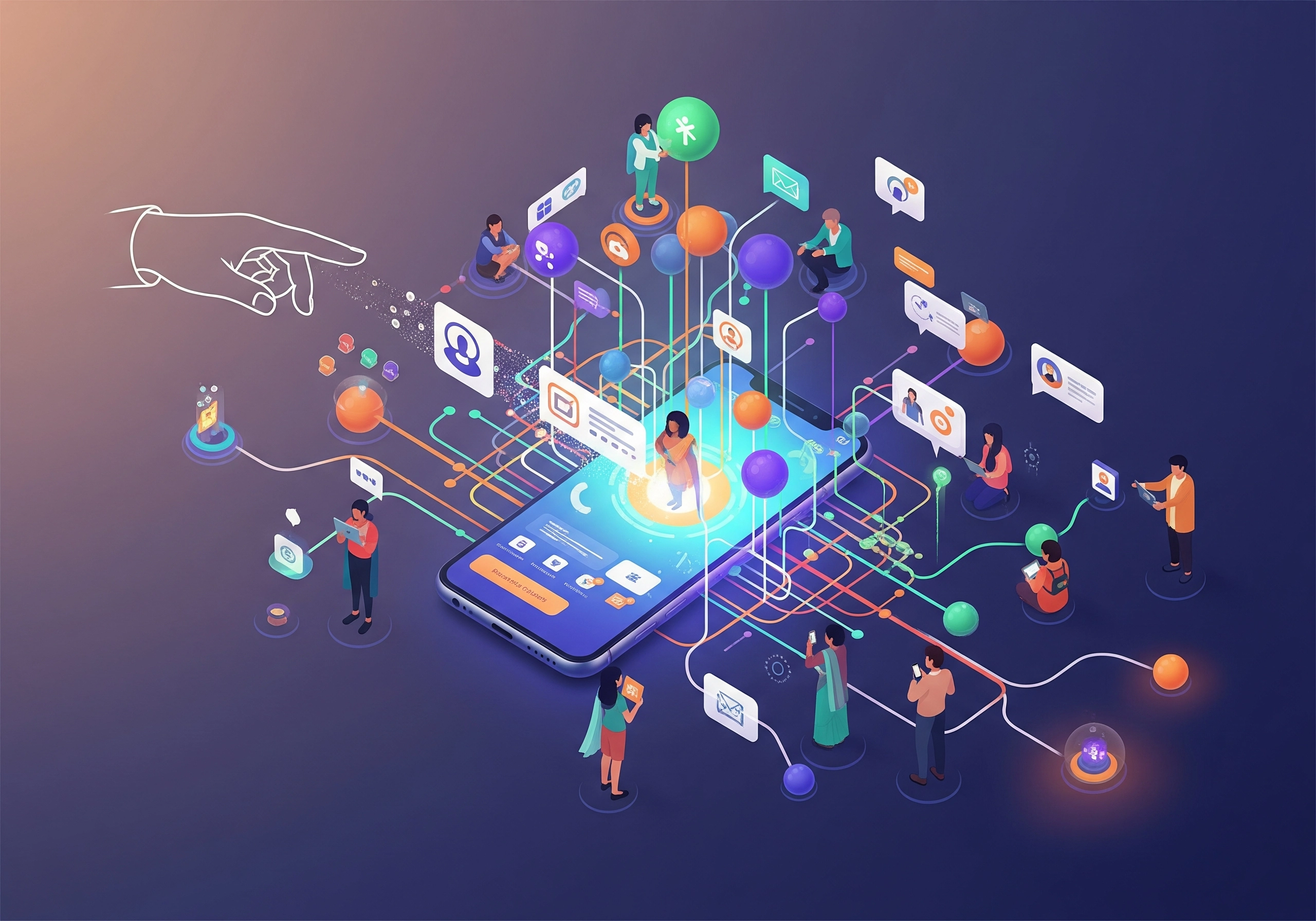 Isometric mobile app with social media icons, representing a mobile app marketing agency.