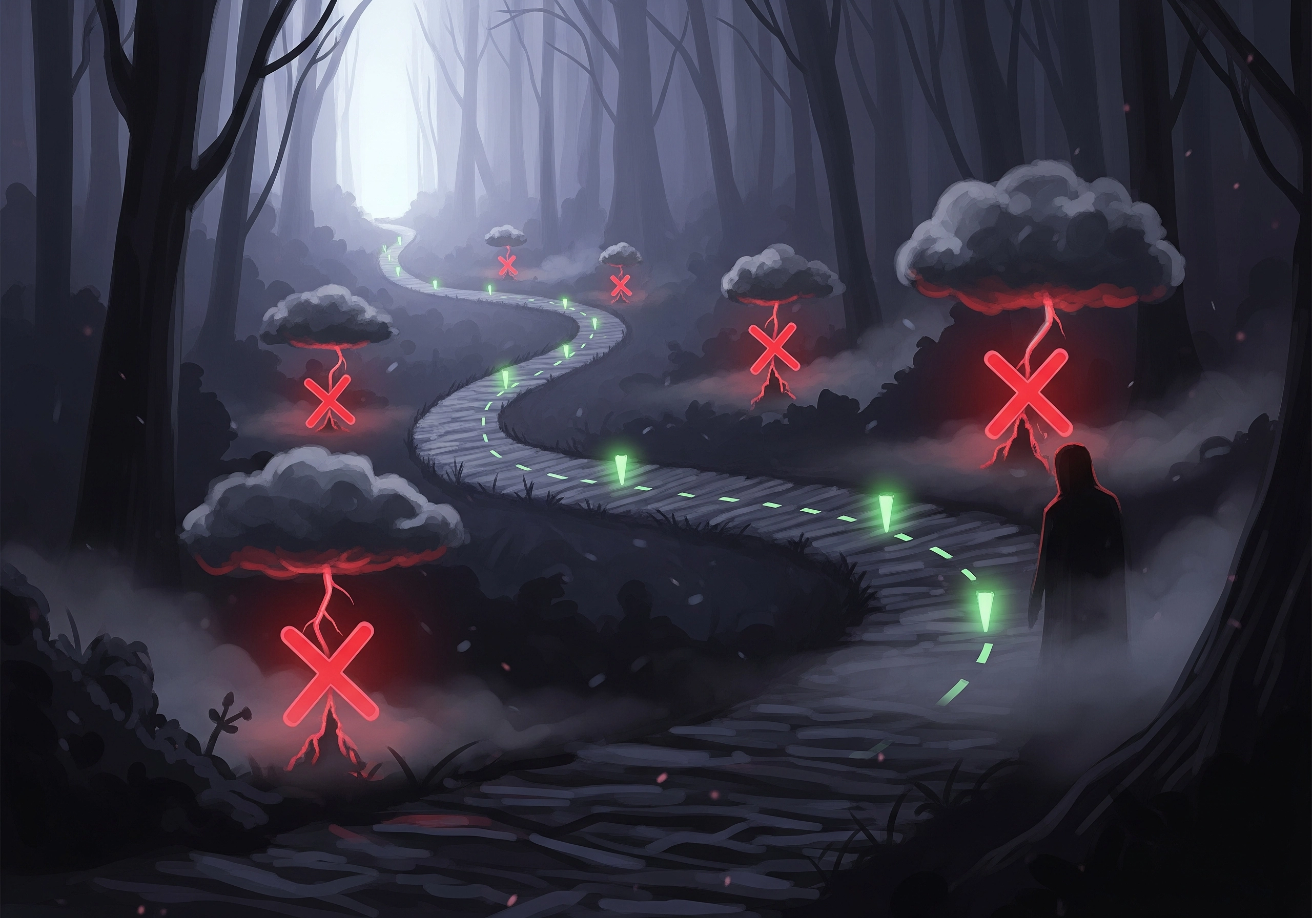 Winding path through dark forest with ominous clouds and glowing red X symbols.