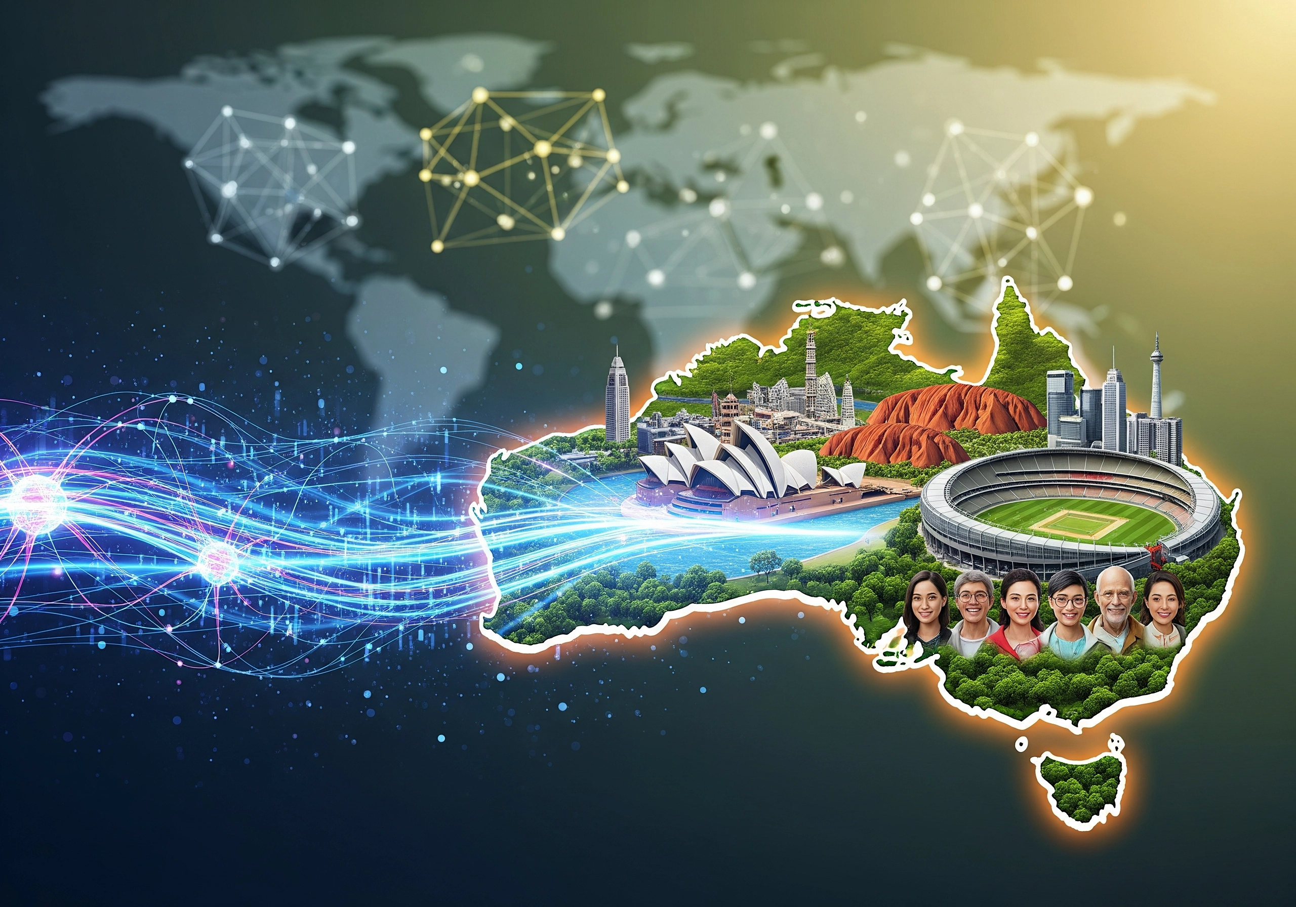 Australia map with digital network, landmarks, and marketing team faces.