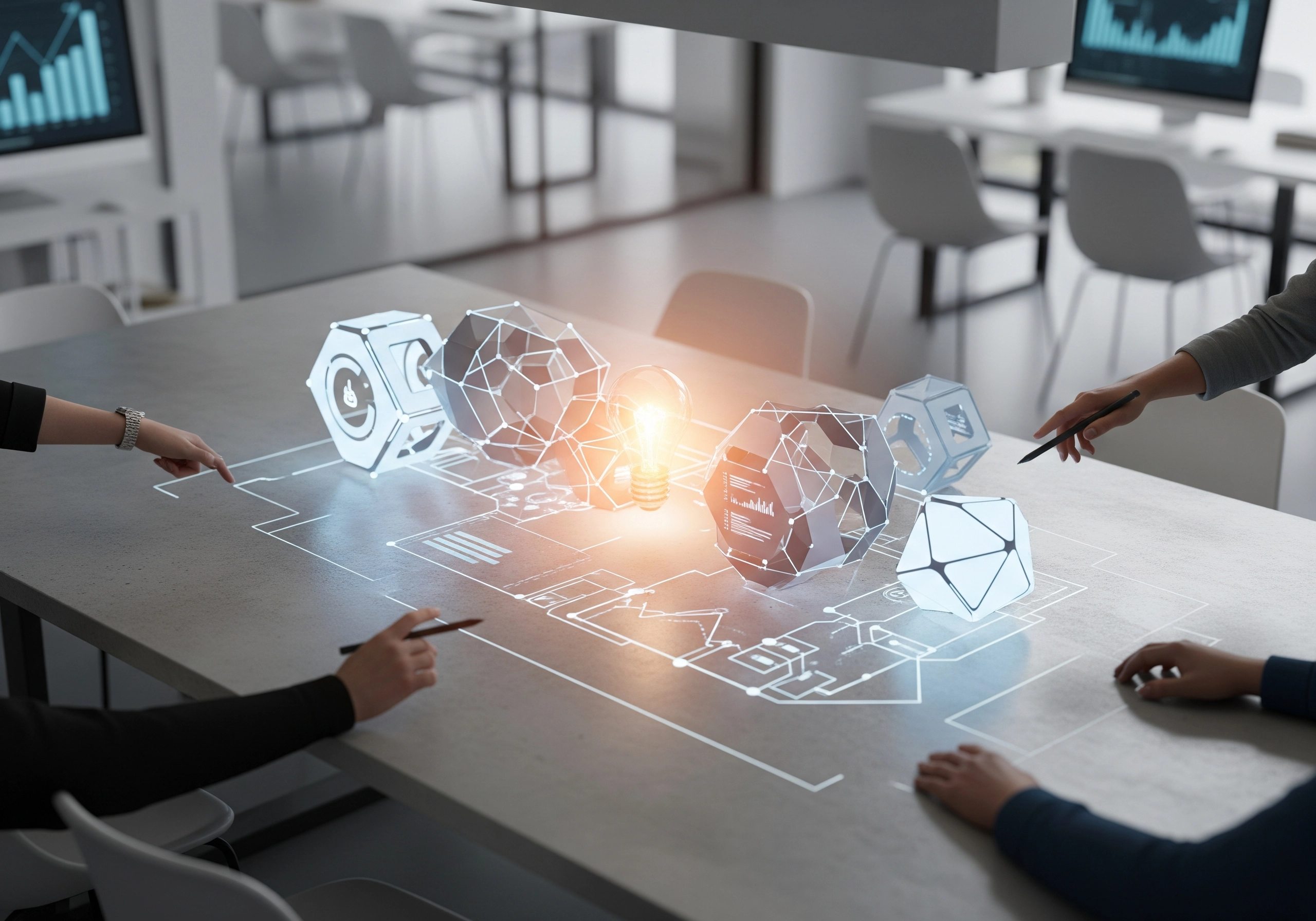 Digital marketing team collaborating on online marketing solutions with holographic interface.