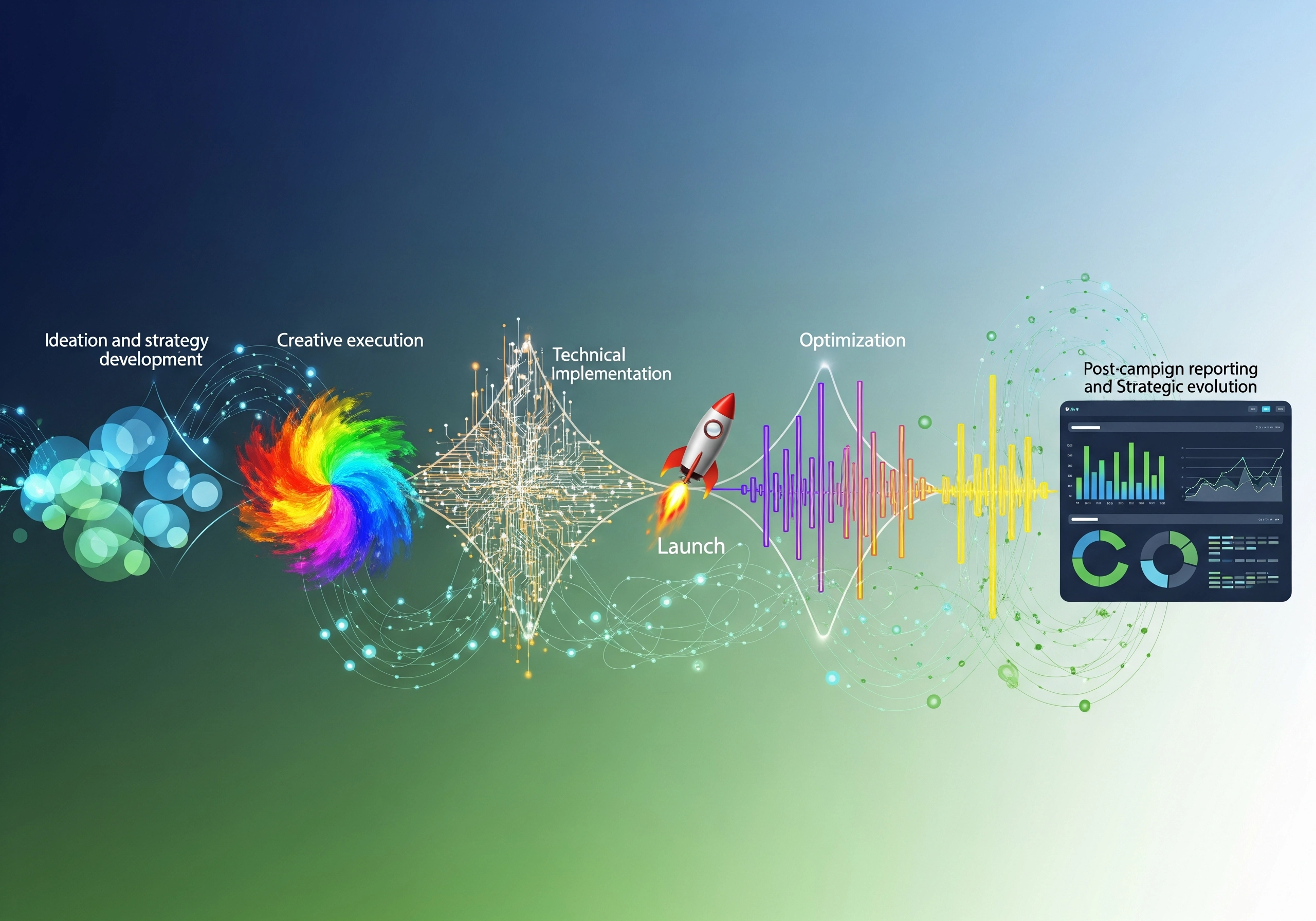 Digital marketing process visualization: ideation, execution, launch, optimization, reporting.