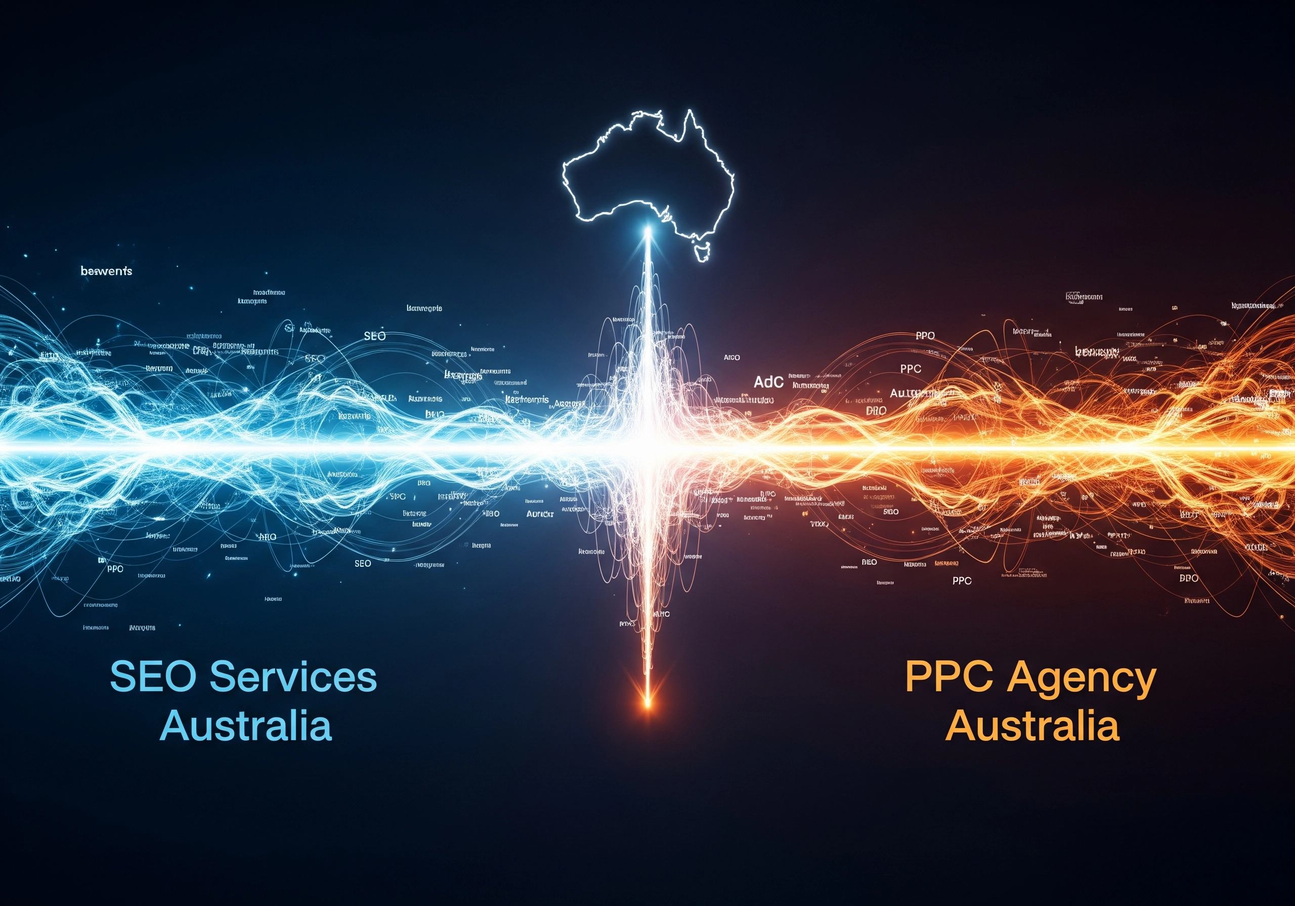 Australia map with 'SEO Services Australia' and 'PPC Agency Australia' word cloud.