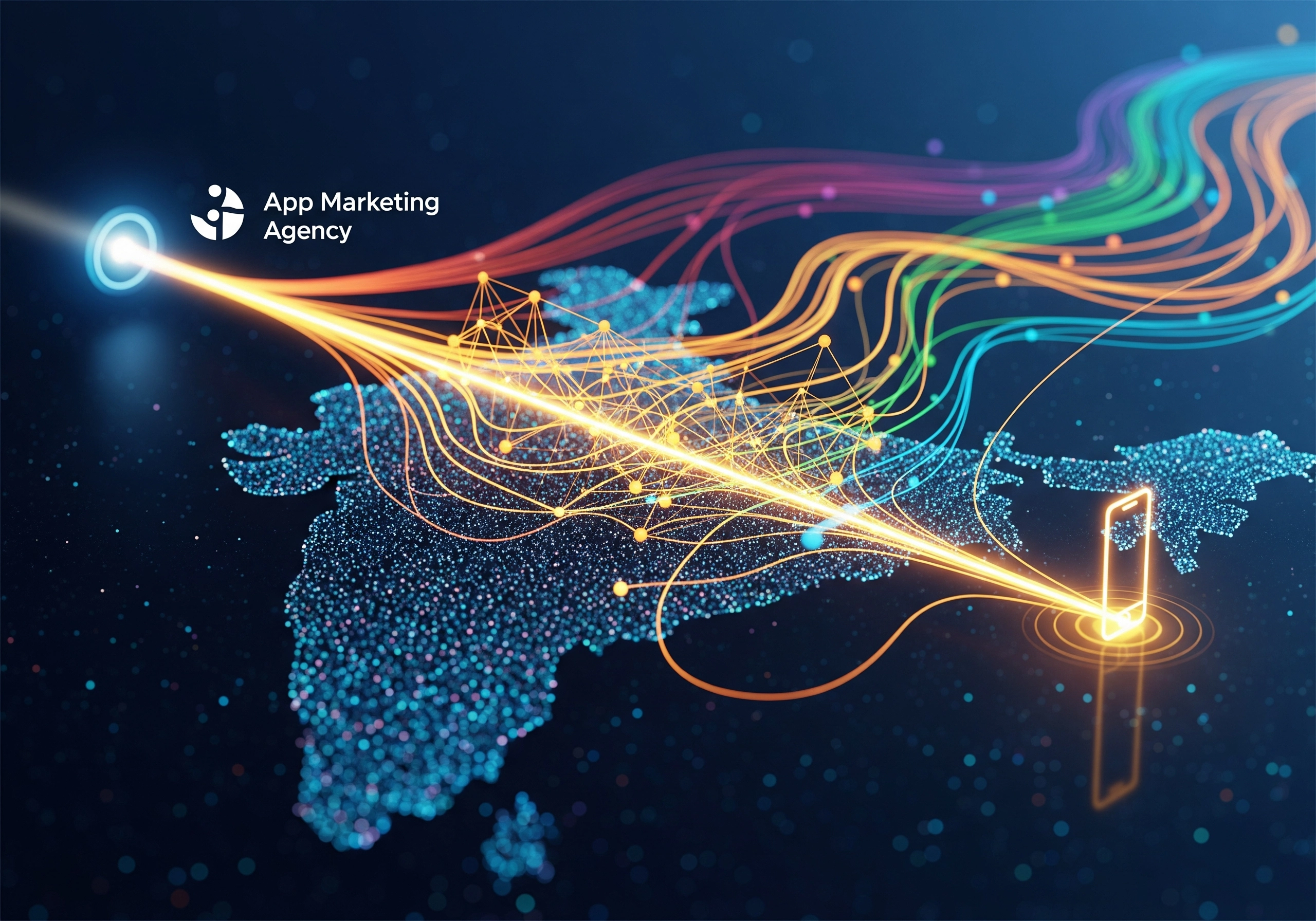 India map with app marketing agency logo and digital network lines connecting to phone.