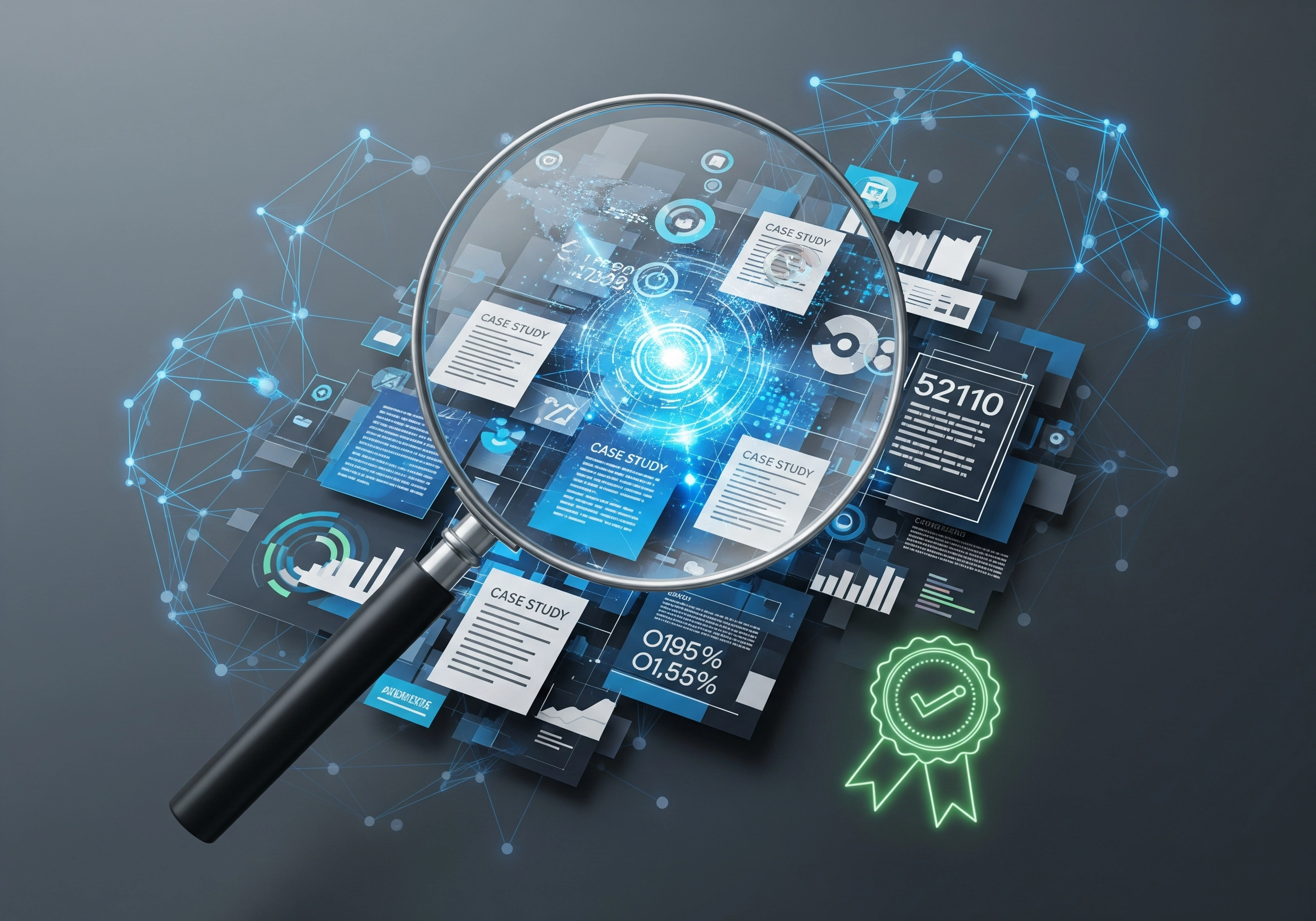 Magnifying glass over case study documents, data analytics, and quality checkmark.