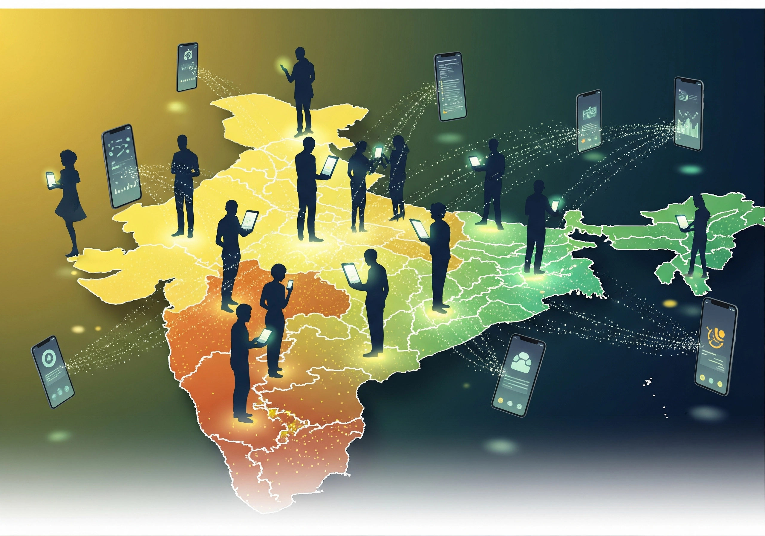 Stylized map of India with figures using mobile apps, representing app user acquisition in India.