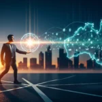 Man holding compass, Australia digital network map, city skyline backdrop