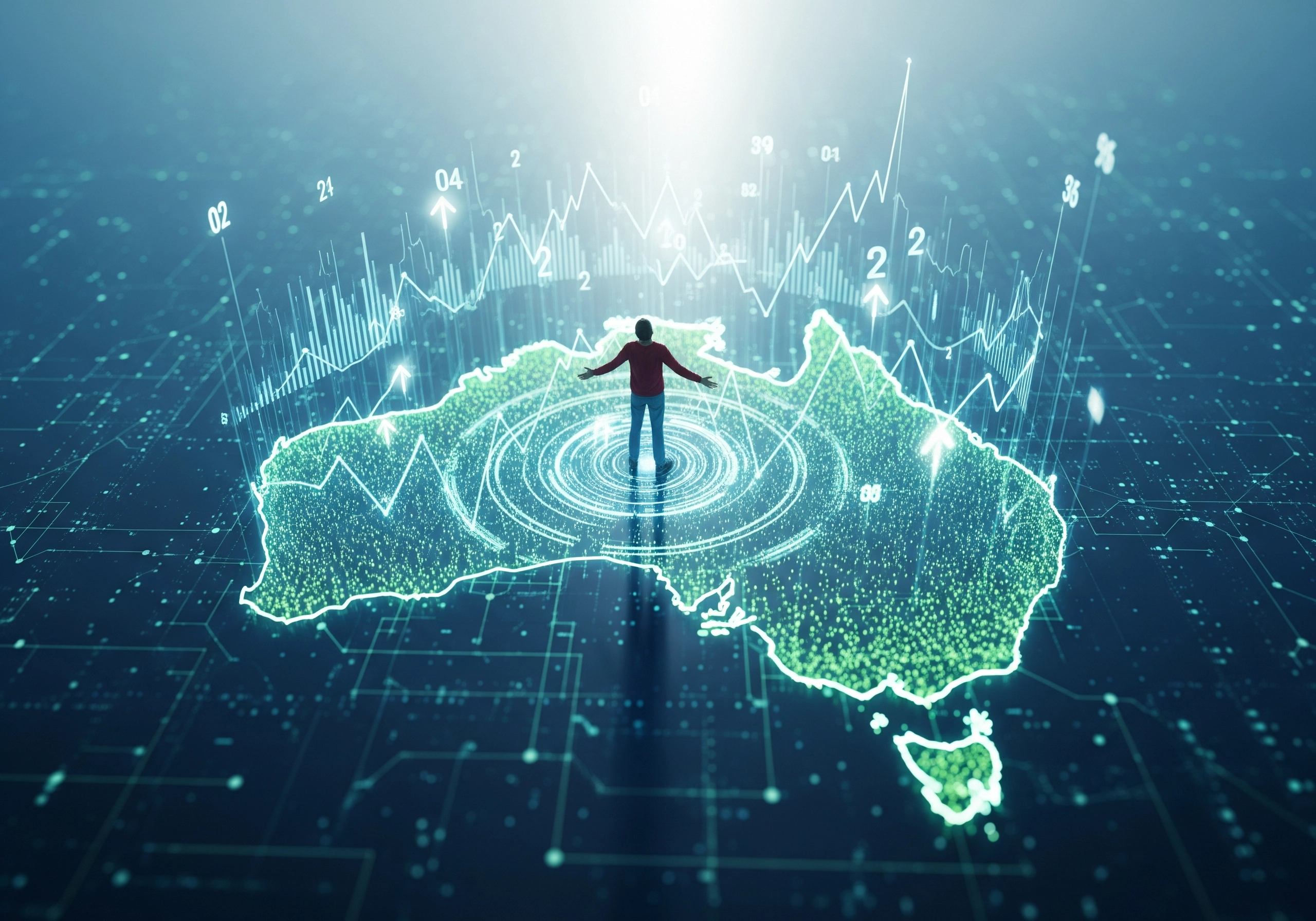 Person standing on Australia map with digital marketing growth charts