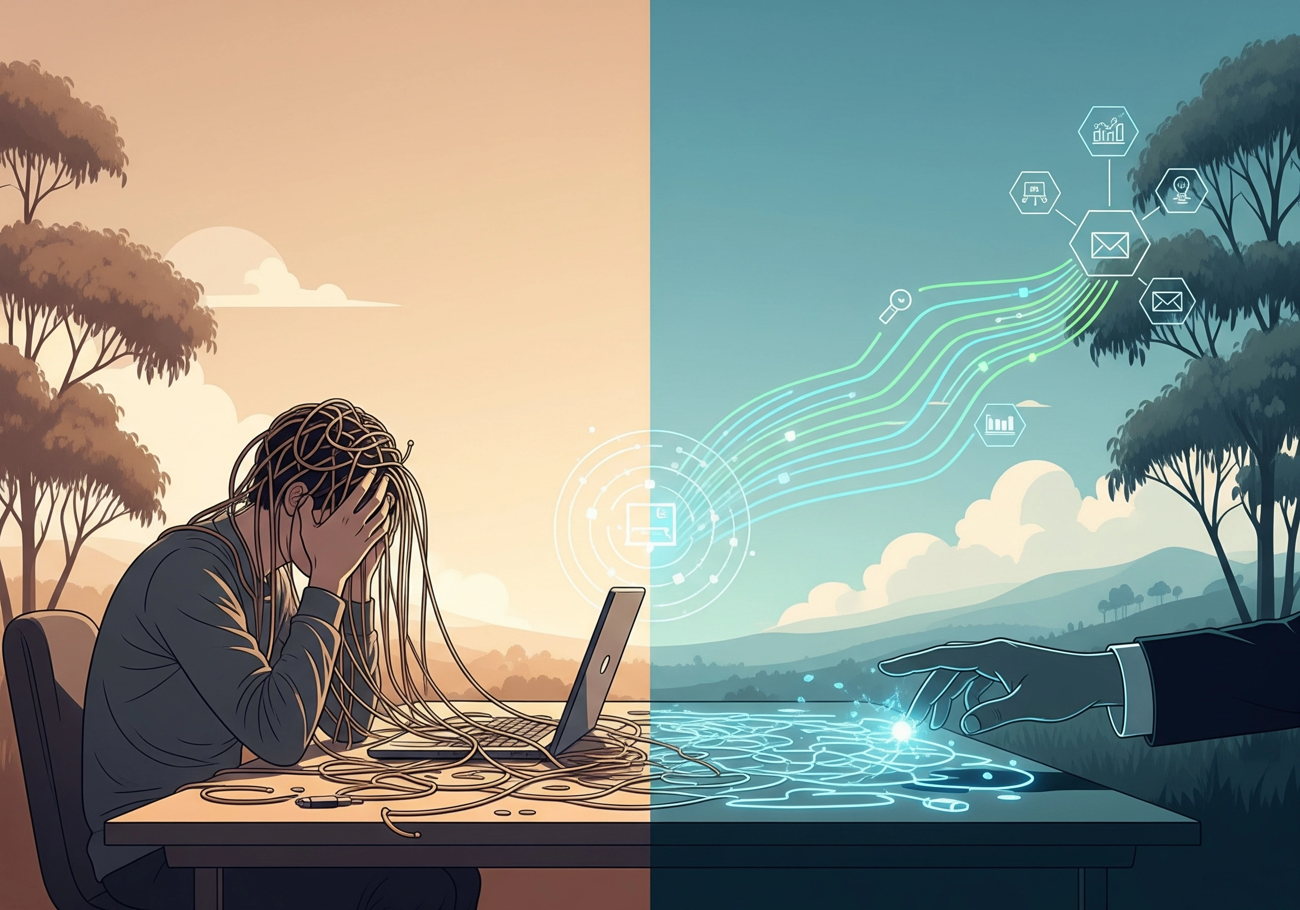 Frustrated person tangled in cables contrasts with a digital marketing solution.