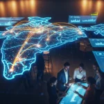 Team reviews app marketing strategy on interactive India map display.