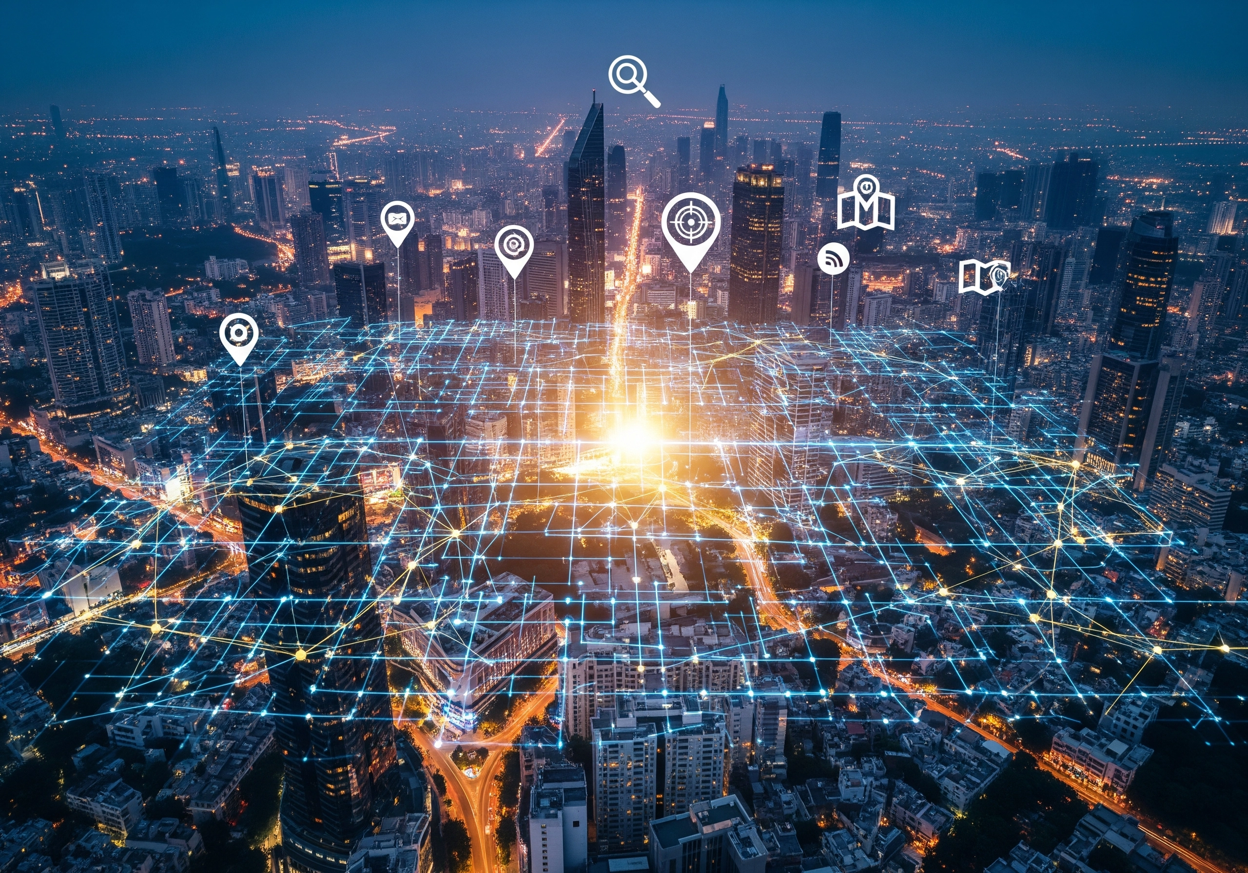 Cityscape with digital network overlay, connecting mobile app users.