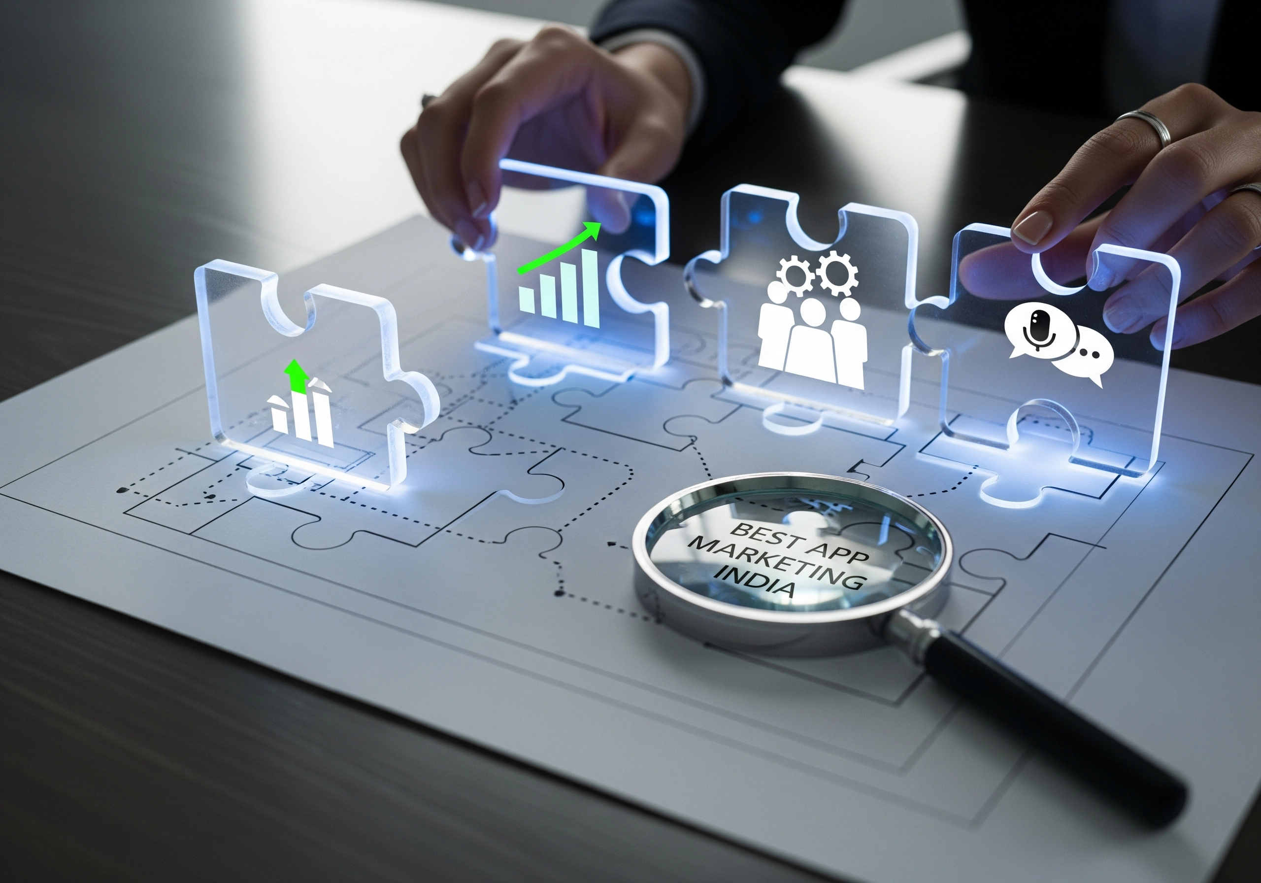 Hands assembling 'best app marketing India' puzzle pieces, magnifying glass.