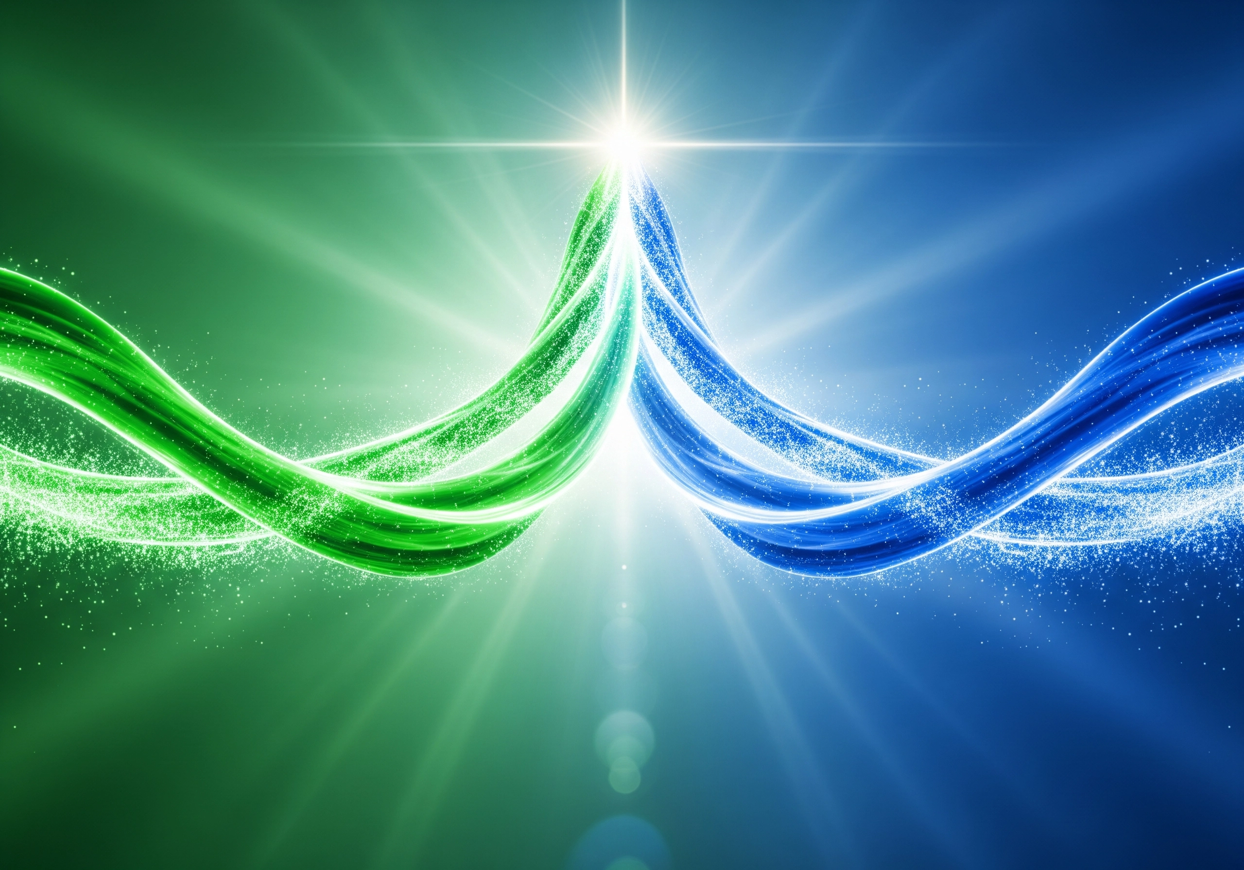 Abstract flowing energy ribbons in green and blue converge at a bright star.