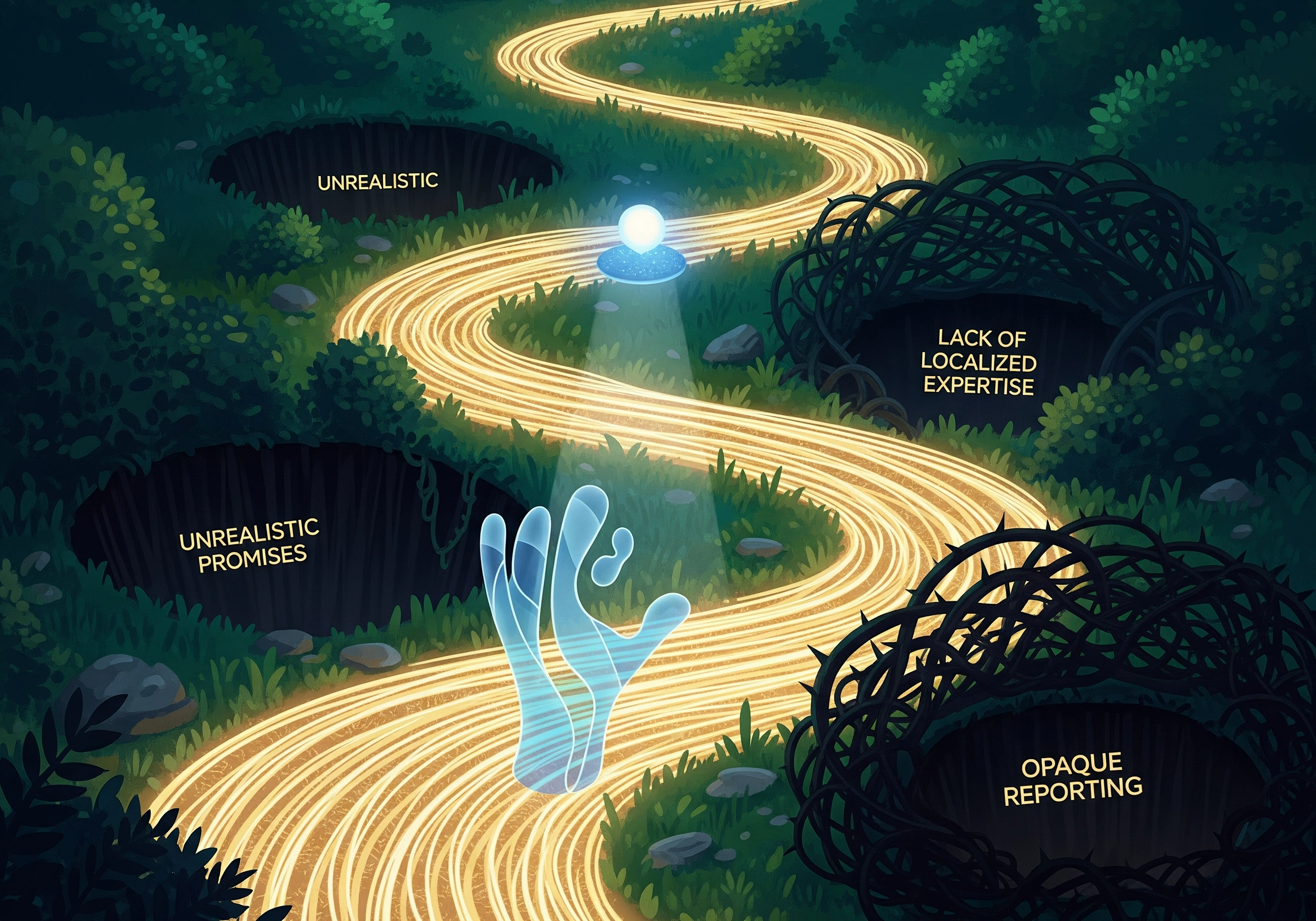 Illustration of pitfalls to avoid when choosing an app marketing agency in India.