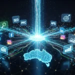 Digital marketing Australia concept with SEO, PPC, social media icons over Australia map