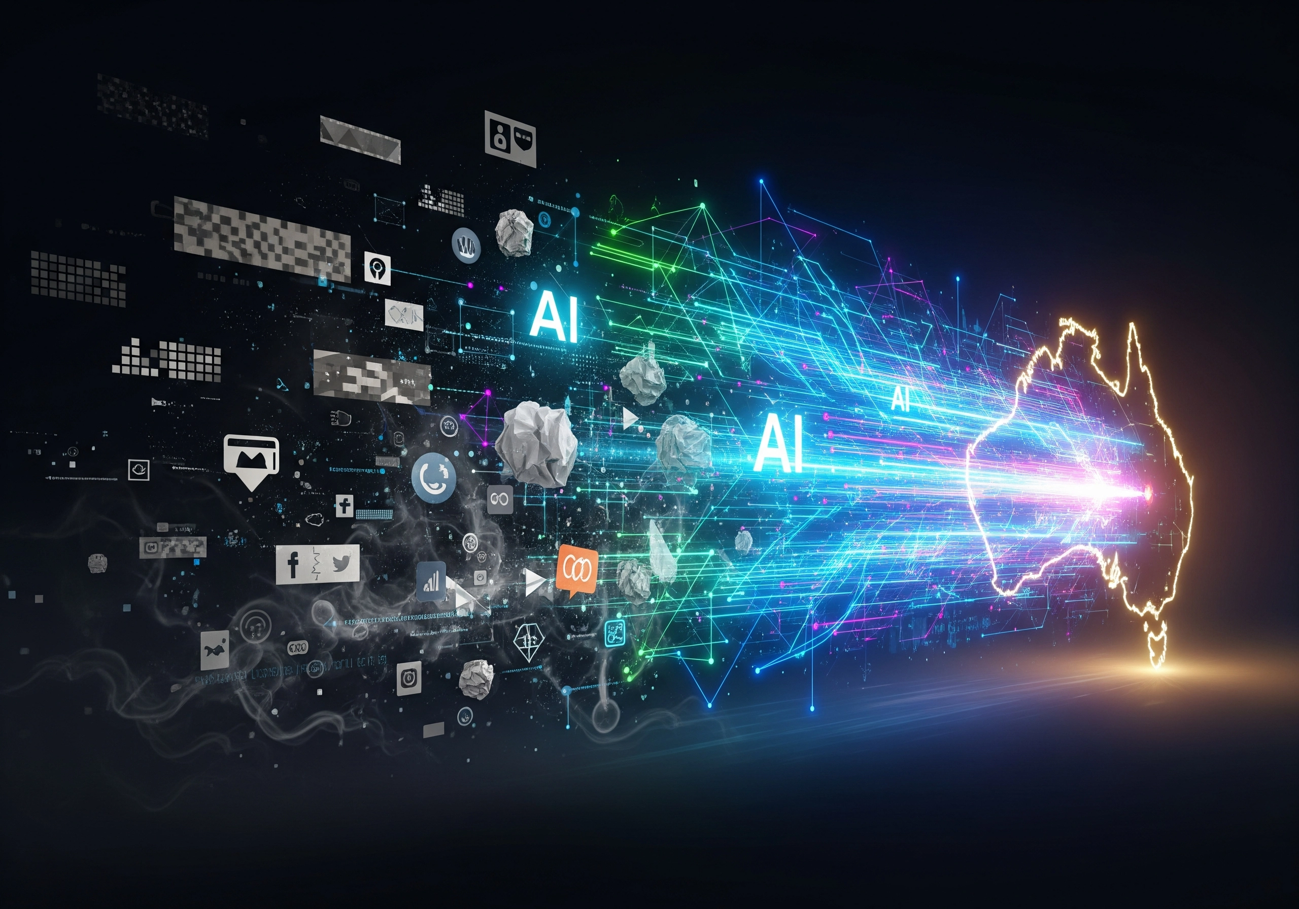 AI-powered digital marketing solutions flowing towards the outline of Australia