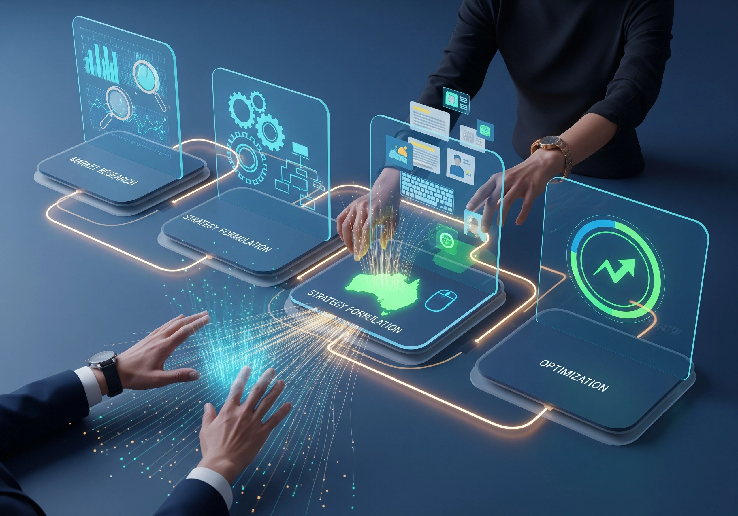 Hands interacting with digital marketing workflow steps: Research, Strategy, and Optimization