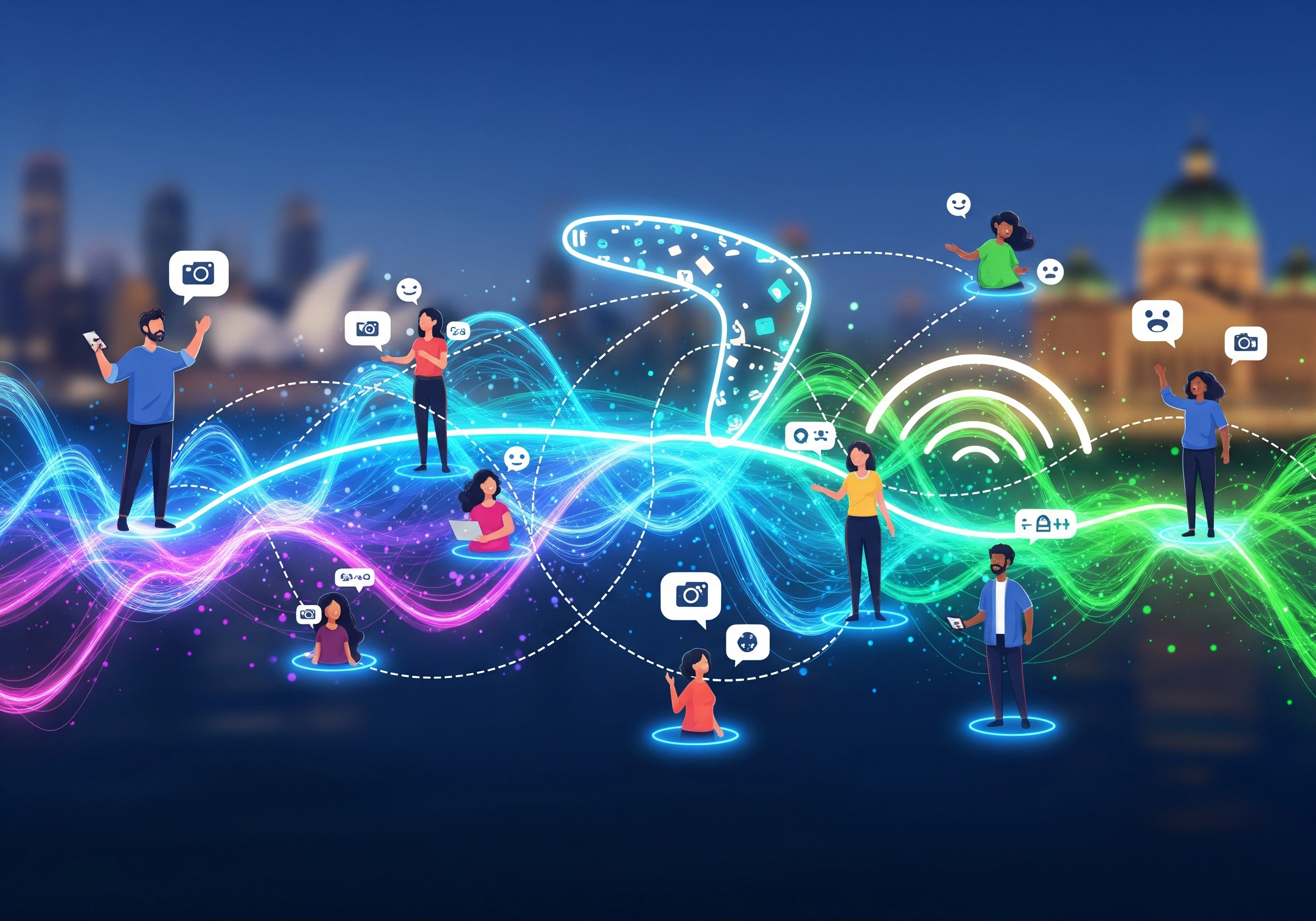 People interconnected with digital icons over a cityscape, representing social media campaigns Australia.
