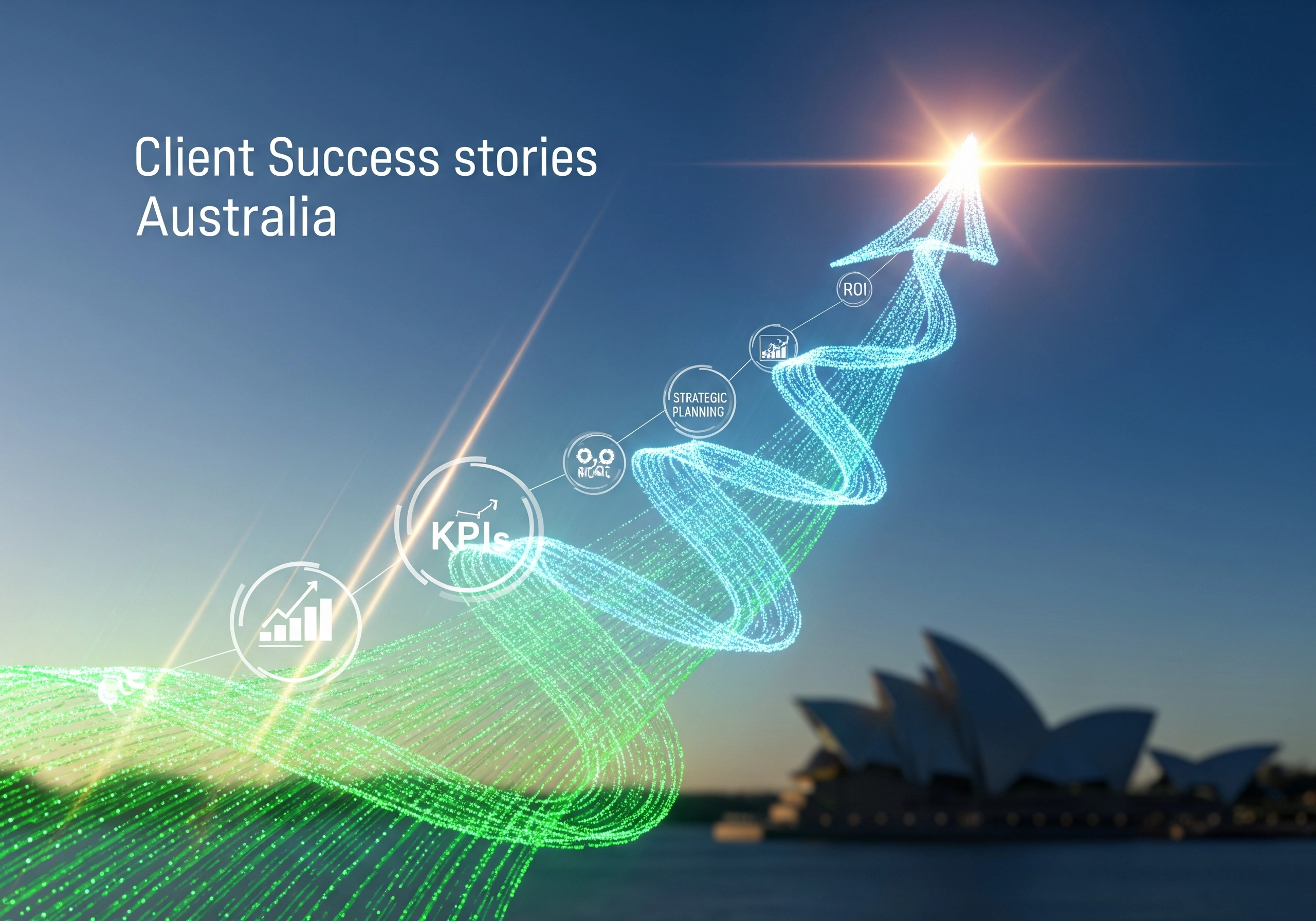 Arrow pointing upwards with KPI, strategic planning and ROI icons, client success stories Australia.