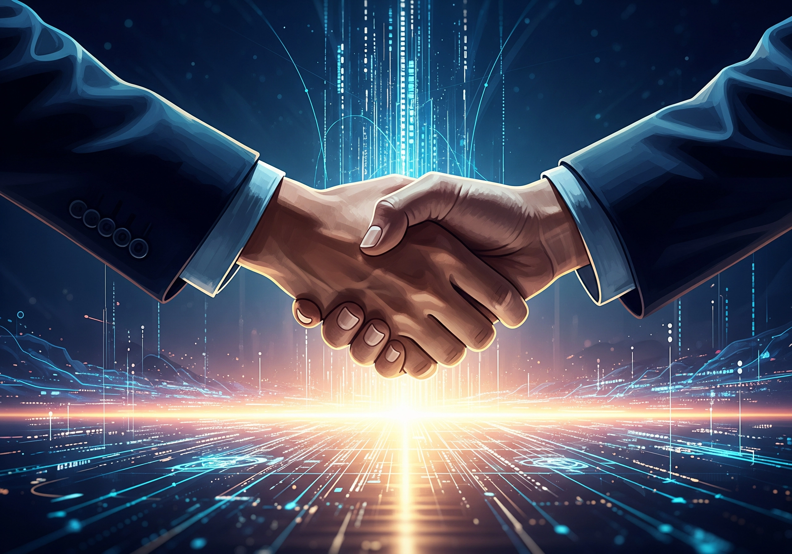 Two people shaking hands with digital network background, representing partnership.