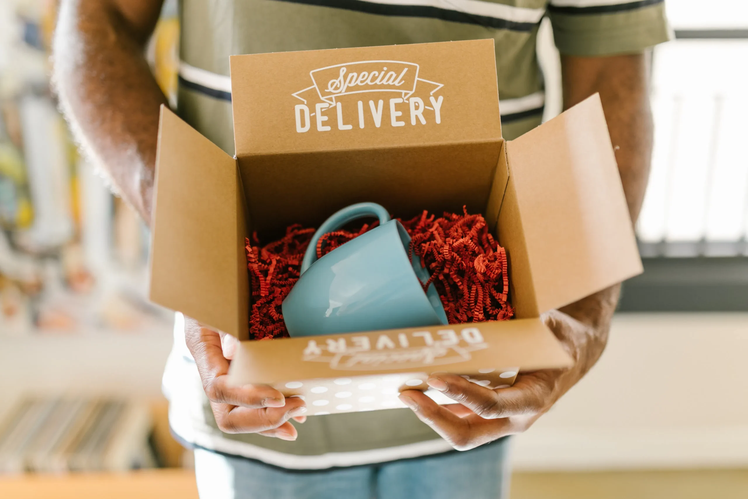 Man holding open box with 'Special Delivery' containing a blue mug.